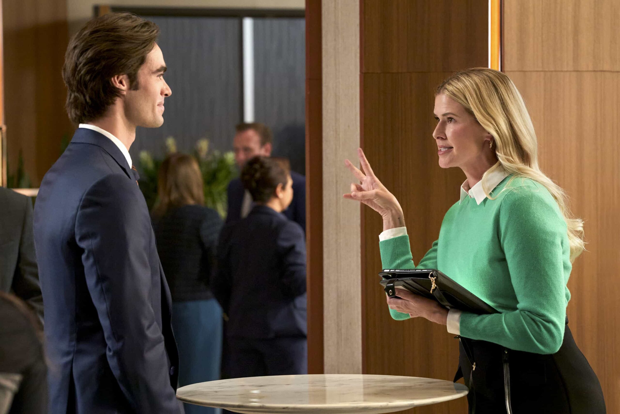 Matlock Season 2 Episode 16 Season Finale “Matty Matlock” -- CBS Original Series MATLOCK, scheduled to air on Thursday, April 23 (9:01-11:00 PM, ET/PT).  Pictured (L-R): Henry Haber as "Hunter Langley" and Sarah Wright Olsen as Gwendolyn “Gwen” Easton. Photo: Michael Yarish/CBS ©2026 CBS Broadcasting, Inc. All Rights Reserved.