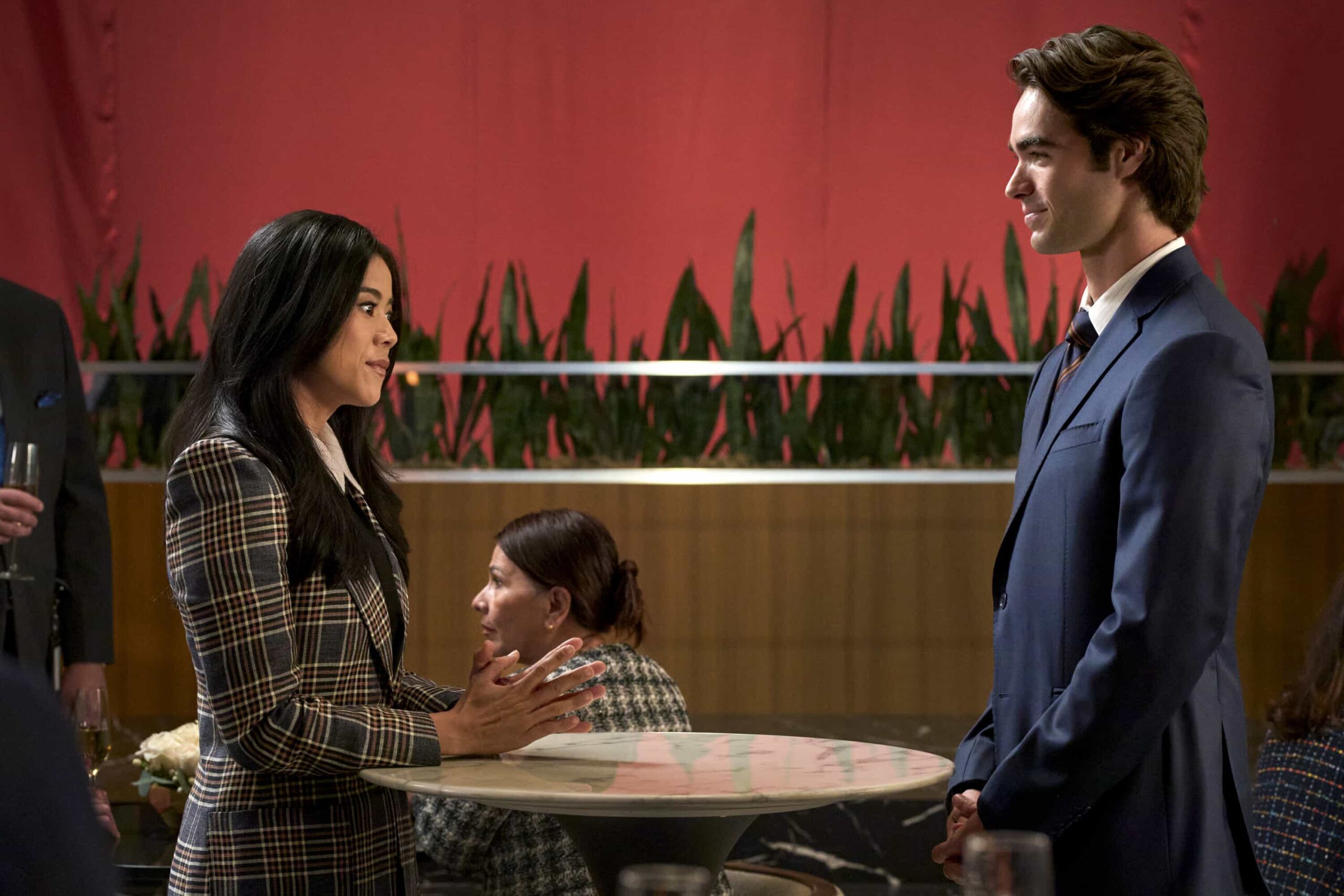 “Matty Matlock” -- CBS Original Series MATLOCK, scheduled to air on Thursday, April 23 (9:01-11:00 PM, ET/PT).  Pictured (L-R): Leah Lewis as “Sarah Franklin” and Henry Haber as "Hunter Langley.” Photo: Michael Yarish/CBS ©2026 CBS Broadcasting, Inc. All Rights Reserved.