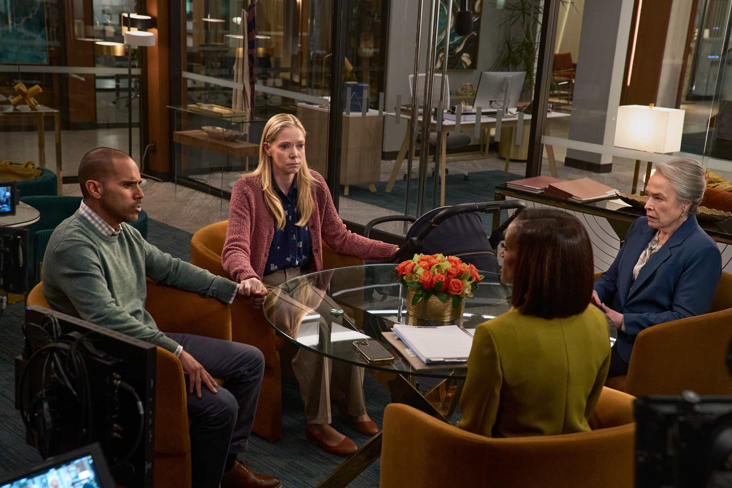 Matlock Season 2 Episode 16 Season Finale “Matty Matlock” -- CBS Original Series MATLOCK, scheduled to air on Thursday, April 23 (9:01-11:00 PM, ET/PT).  Pictured (L-R): Randy Alexander Gonzalez as “Felix Dominguez,” Riki Lindhome as “Izzy Dominguez,” and Kathy Bates as “Madeline Matlock.” Photo: Michael Yarish/CBS ©2026 CBS Broadcasting, Inc. All Rights Reserved.