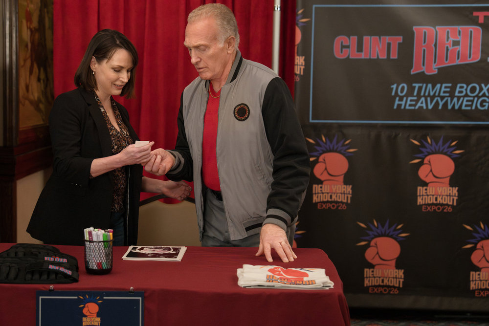 LAW & ORDER: SPECIAL VICTIMS UNIT -- "Gimmick" Episode 27018 -- Pictured: (l-r) Julie Ann Emery as Sharon Huntsinger, Mark Rolston as Clint ONeill -- (Photo by: Virginia Sherwood/NBC)