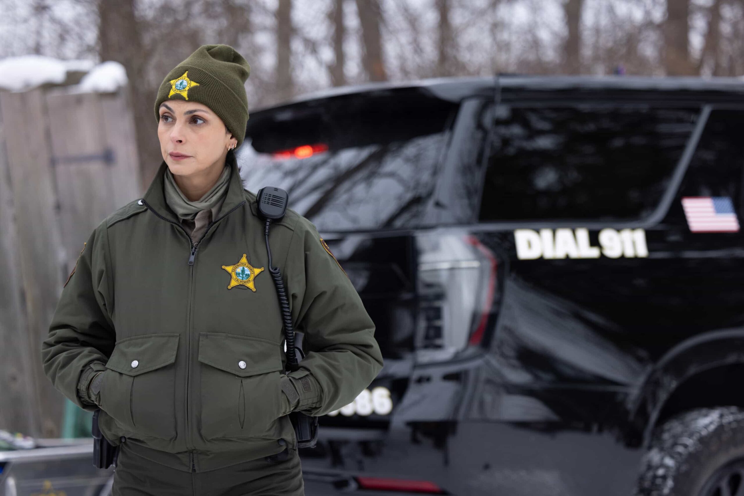 “Twenty Four Candles” – While Skye celebrates her 24th birthday, Sheriff Mickey Fox investigates a brutal attack tied to a land-grab scheme, on SHERIFF COUNTRY, Friday, April 24. Pictured: Morena Baccarin as Sheriff Mickey Fox. Photo: Darren Goldstein/CBS ©2025 CBS Broadcasting, Inc. All Rights Reserved.