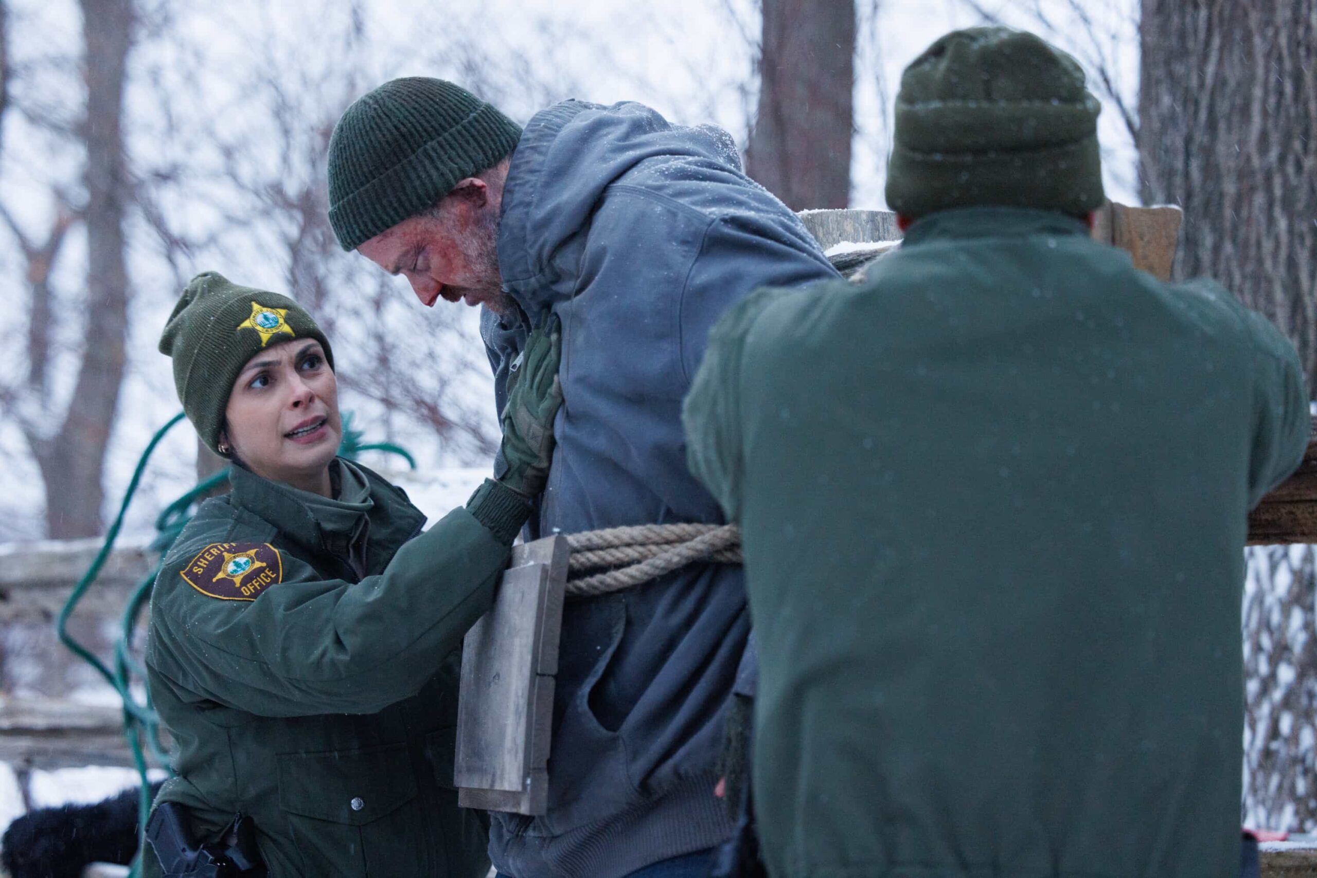 “Twenty Four Candles” – While Skye celebrates her 24th birthday, Sheriff Mickey Fox investigates a brutal attack tied to a land-grab scheme, on SHERIFF COUNTRY, Friday, April 24. Pictured: Morena Baccarin as Sheriff Mickey Fox and Dylan Taylor as Dale Hawkins. Photo: Darren Goldstein/CBS ©2025 CBS Broadcasting, Inc. All Rights Reserved.