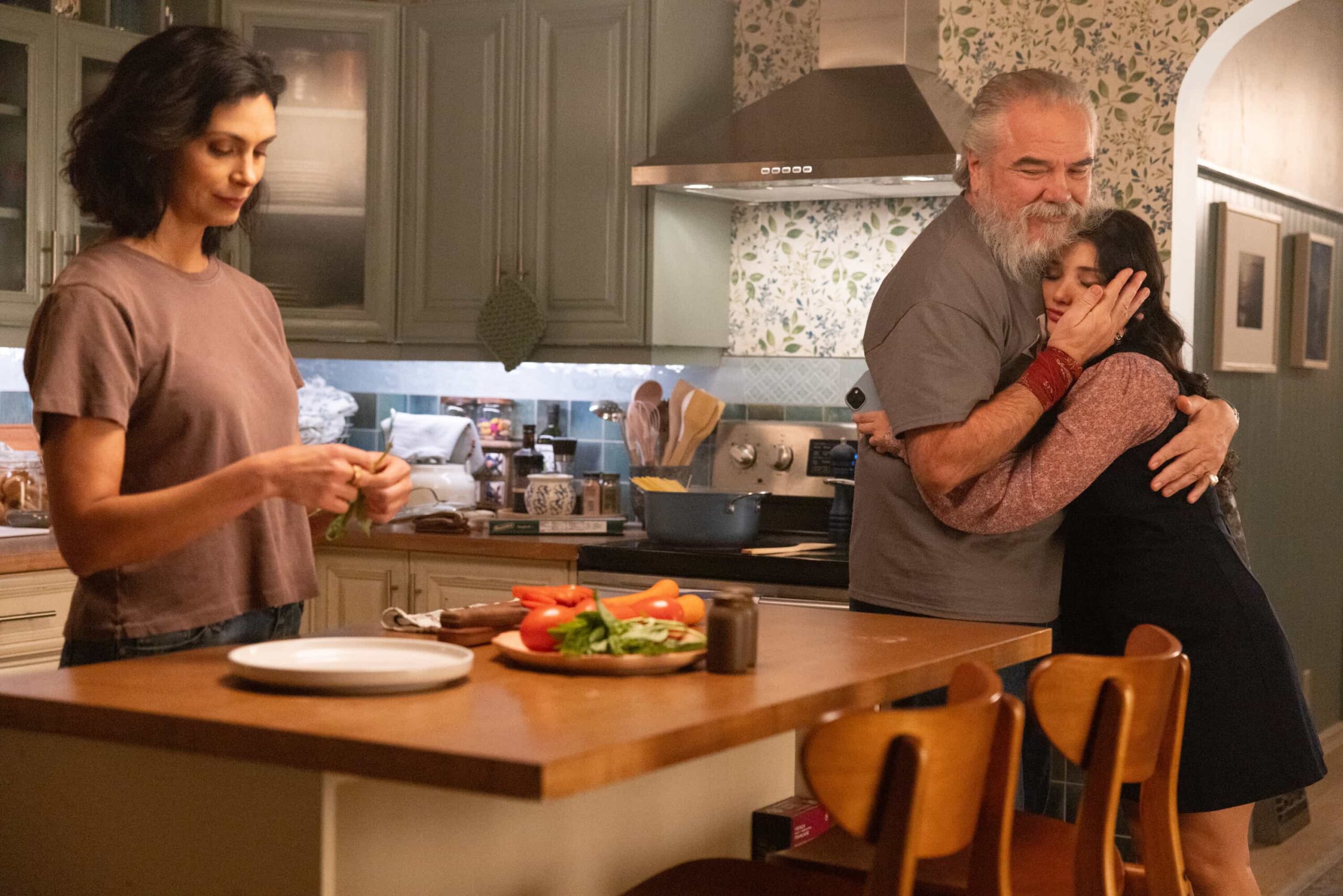 “Twenty Four Candles” – While Skye celebrates her 24th birthday, Sheriff Mickey Fox investigates a brutal attack tied to a land-grab scheme, on SHERIFF COUNTRY, Friday, April 24. Pictured: Morena Baccarin as Sheriff Mickey Fox, W. Earl Brown as Wes Fox and Amanda Arcuri as Skye Fraley. Photo: Darren Goldstein/CBS ©2025 CBS Broadcasting, Inc. All Rights Reserved.