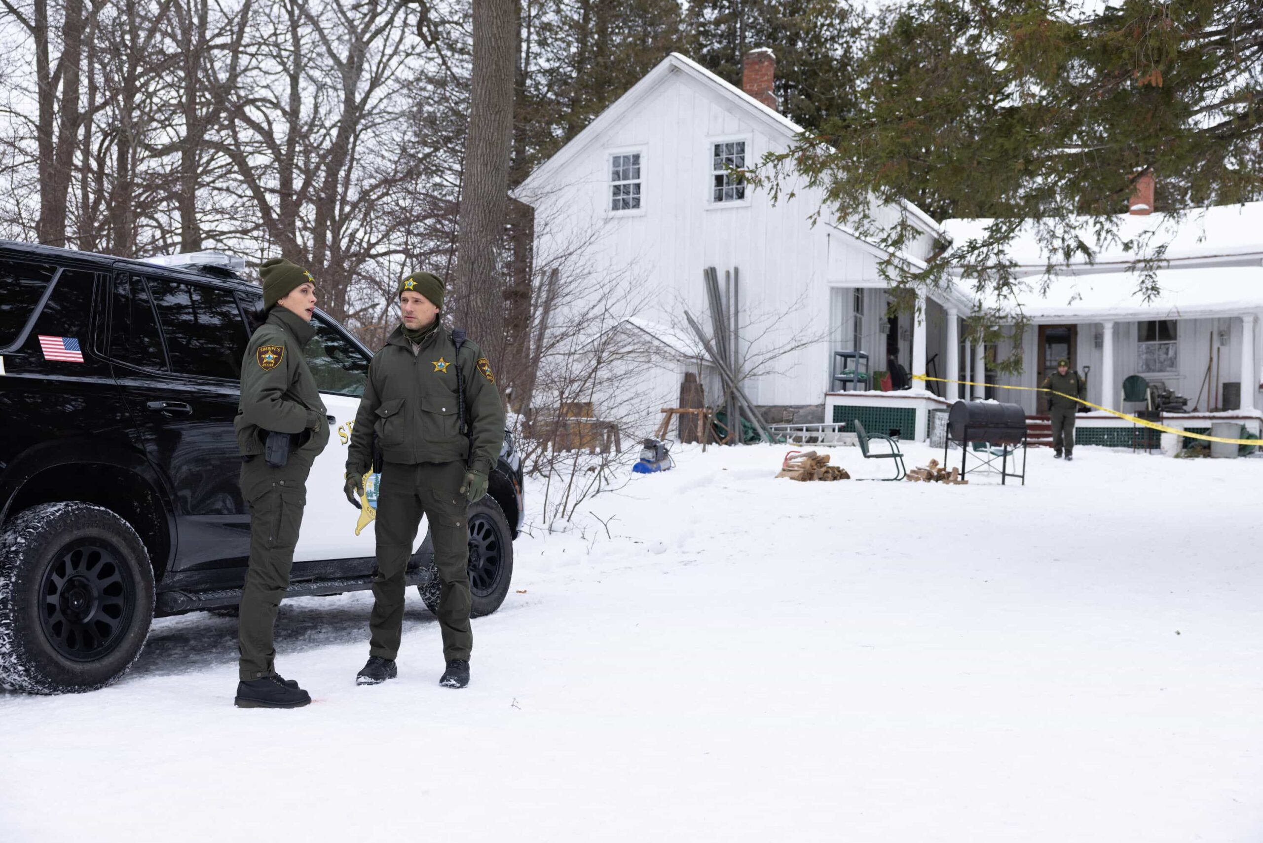“Twenty Four Candles” – While Skye celebrates her 24th birthday, Sheriff Mickey Fox investigates a brutal attack tied to a land-grab scheme, on SHERIFF COUNTRY, Friday, April 24. Pictured: Morena Baccarin as Sheriff Mickey Fox and Matt Lauria as Boone. Photo: Darren Goldstein/CBS ©2025 CBS Broadcasting, Inc. All Rights Reserved.