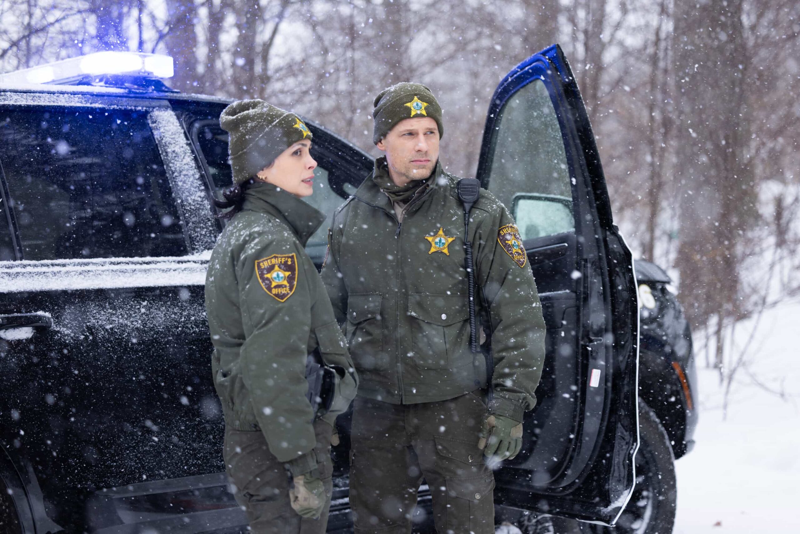 “Twenty Four Candles” – While Skye celebrates her 24th birthday, Sheriff Mickey Fox investigates a brutal attack tied to a land-grab scheme, on SHERIFF COUNTRY, Friday, April 24. Pictured: Morena Baccarin as Sheriff Mickey Fox and Matt Lauria as Boone. Photo: Darren Goldstein/CBS ©2025 CBS Broadcasting, Inc. All Rights Reserved.