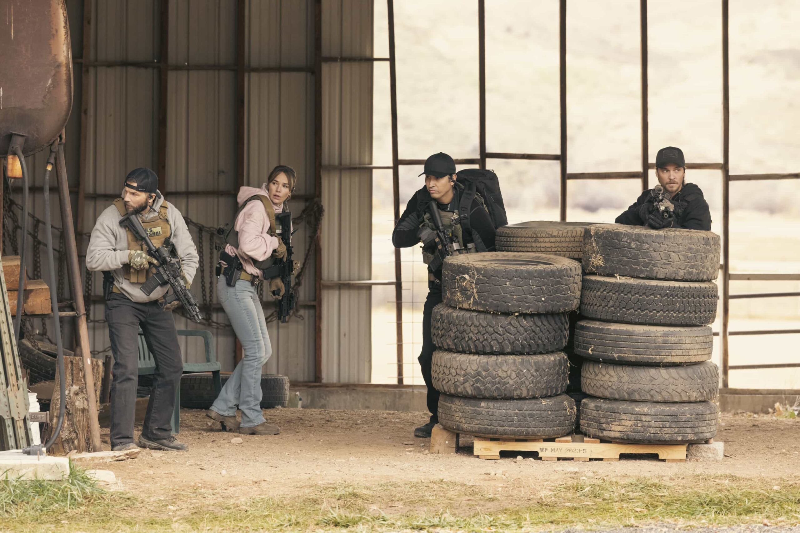 Marshals Season 1 Episode 9 "In Low Places" -- CBS Original Series MARSHALS, scheduled to air on Sunday, April 26 (8:00-9:00 PM, ET/PT).  Pictured (L-R): Logan Marshall-Green as Pete Calvin, Arielle Kebbel as Belle, Tatanka Means as Miles, and Luke Grimes as Kayce Dutton. Photo: Fred Hayes/CBS ©2025 CBS Broadcasting, Inc. All Rights Reserved.