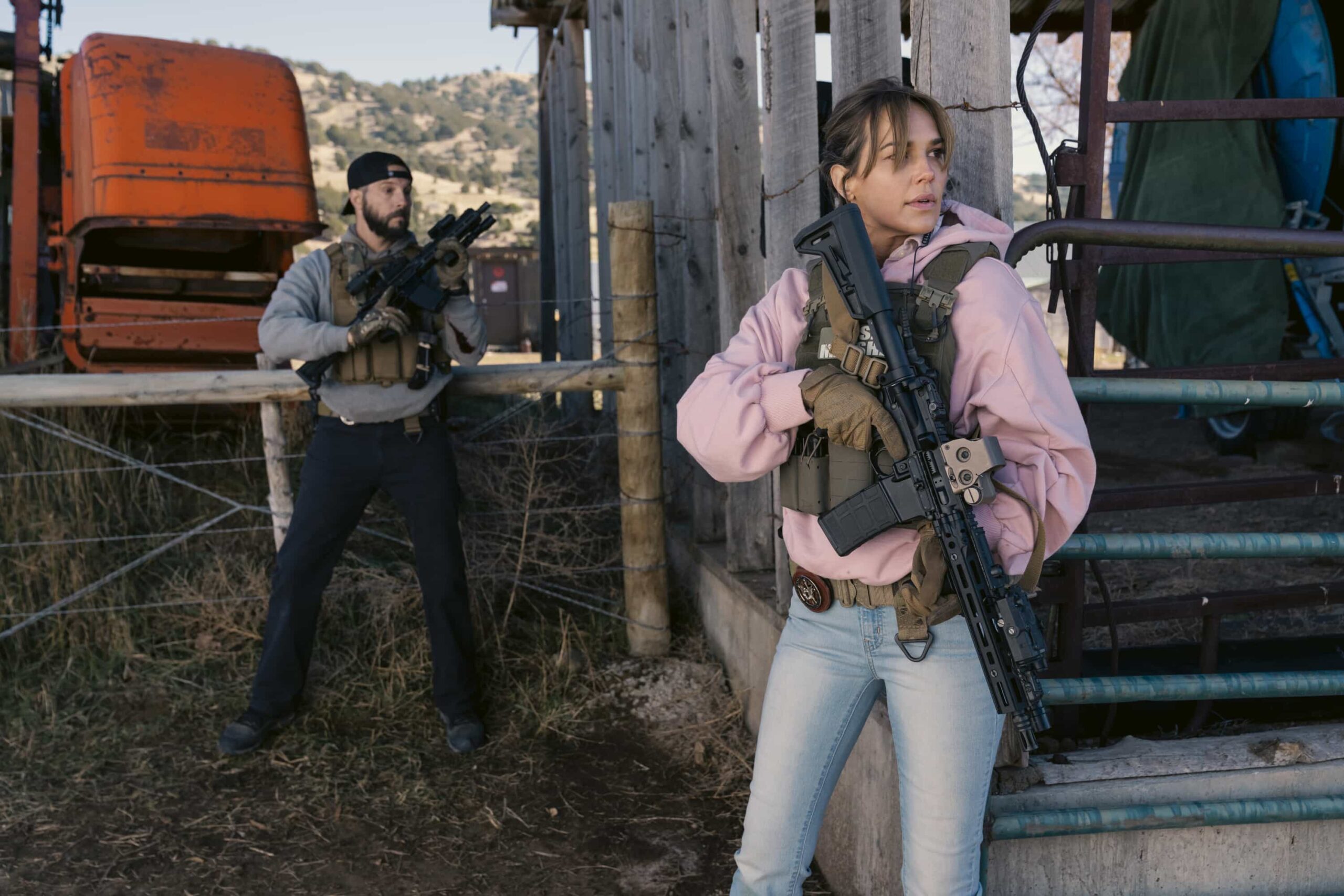 Marshals Season 1 Episode 9 "In Low Places" -- CBS Original Series MARSHALS, scheduled to air on Sunday, April 26 (8:00-9:00 PM, ET/PT).  Pictured (L-R): Logan Marshall-Green as Pete Calvin and Arielle Kebbel as Belle. Photo: Cam McLeod/CBS ©2025 CBS Broadcasting, Inc. All Rights Reserved.