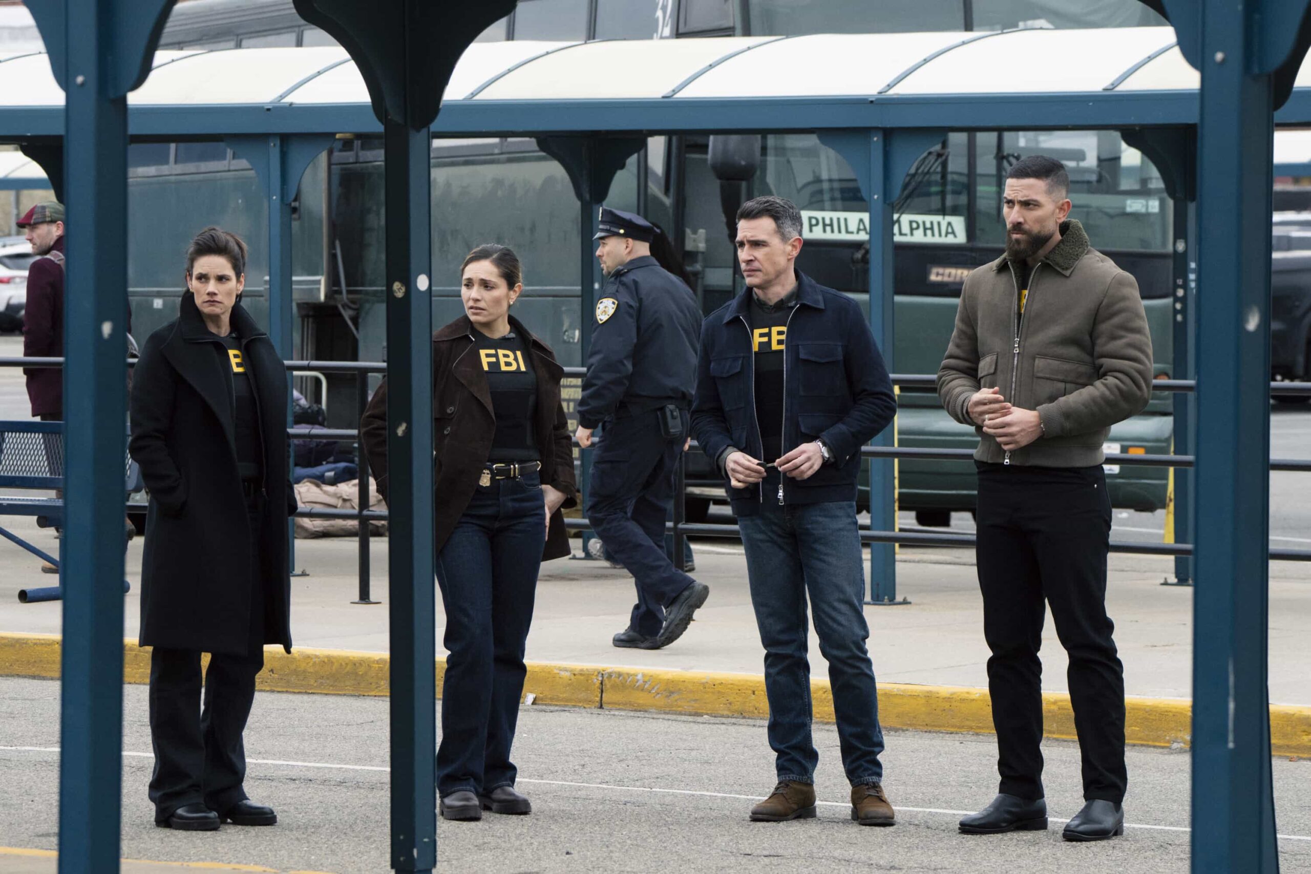 “Fidelity” — CBS Original Series FBI, scheduled to air on Monday, April 27 (9:00-10:00 PM, ET/PT).  Pictured (L-R): Missy Peregrym as Special Agent Maggie Bell, Juliana Aidén Martinez as Eva Ramos, John Boyd as Special Agent Stuart Scola, and Zeeko Zaki as Special Agent Omar Adom ‘OA’ Zidan. Photo: Bennett Raglin/CBS ©2026 CBS Broadcasting, Inc. All Rights Reserved.