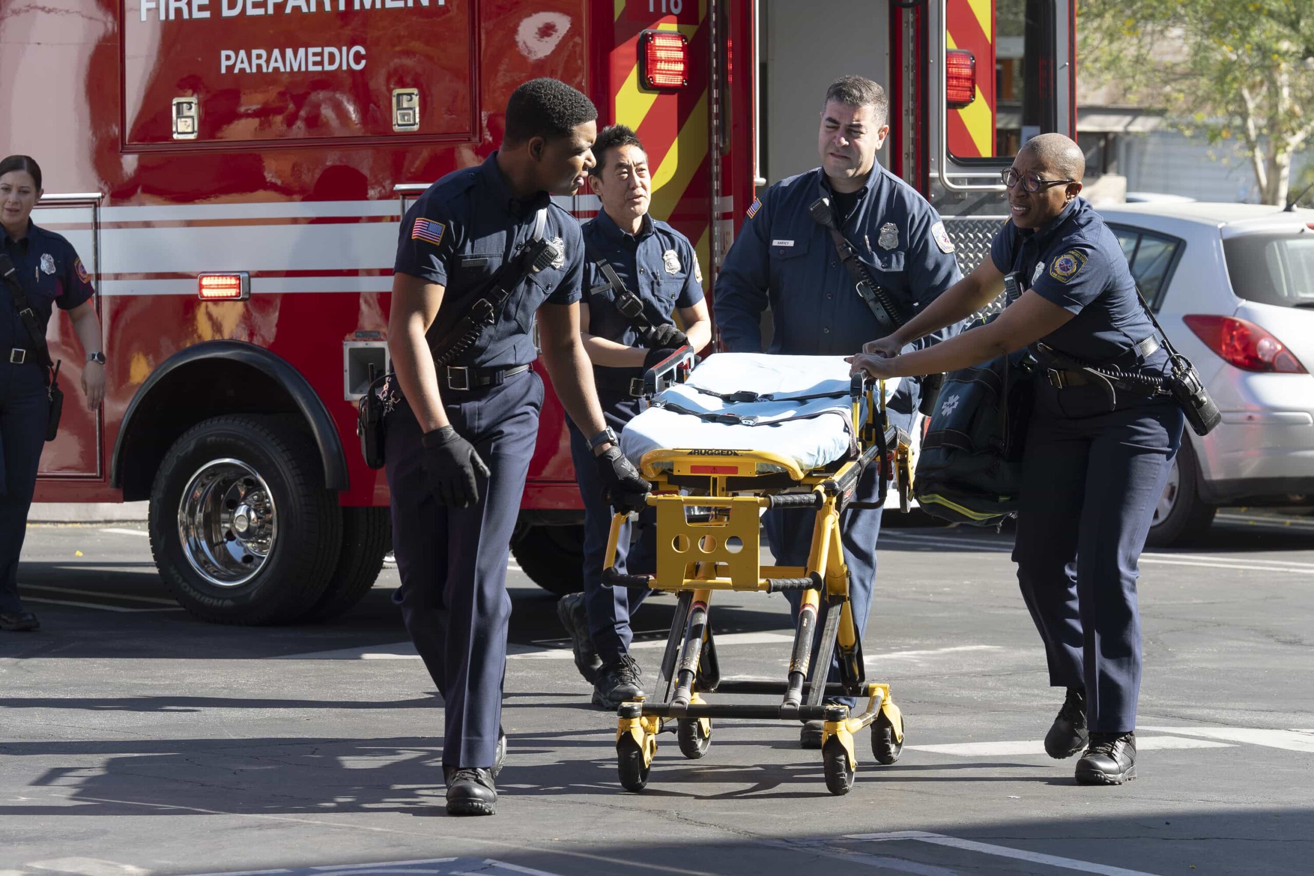 9-1-1: “I Got You Babe” - Buck is faced with his past after an electrical emergency call. Meanwhile, Maddie learns to navigate her working relationships now that she has become a supervisor. THURSDAY, APRIL 30 (8:00-9:00 p.m. EDT) on ABC. (Disney/Christopher Willard) 
ELIJAH M. COOPER, KENNETH CHOI, AISHA HINDS