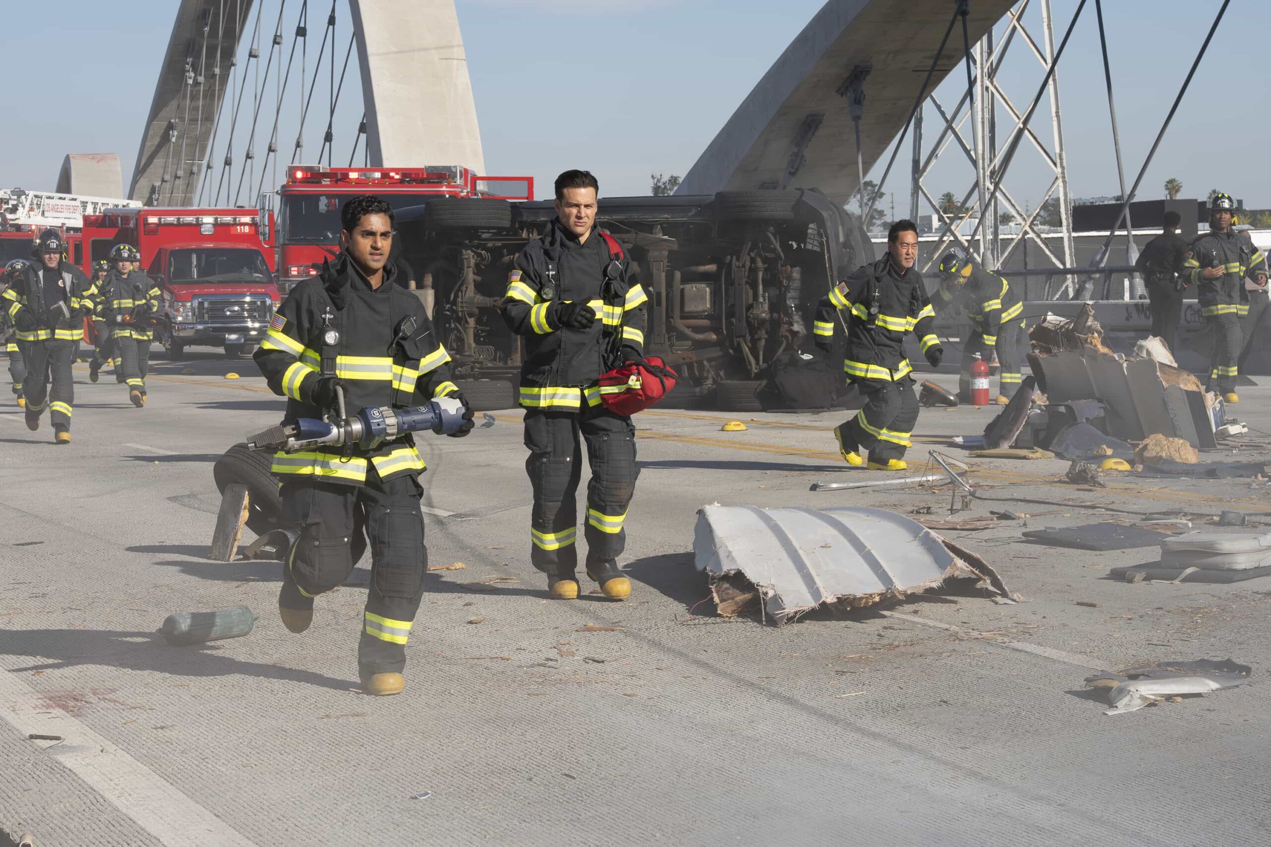 9-1-1 Season 9 Episode 17 : “I Got You Babe” - Buck is faced with his past after an electrical emergency call. Meanwhile, Maddie learns to navigate her working relationships now that she has become a supervisor. THURSDAY, APRIL 30 (8:00-9:00 p.m. EDT) on ABC. (Disney/Christopher Willard) 
ANIRUDH PISHARODY, RYAN GUZMAN, KENNETH CHOI