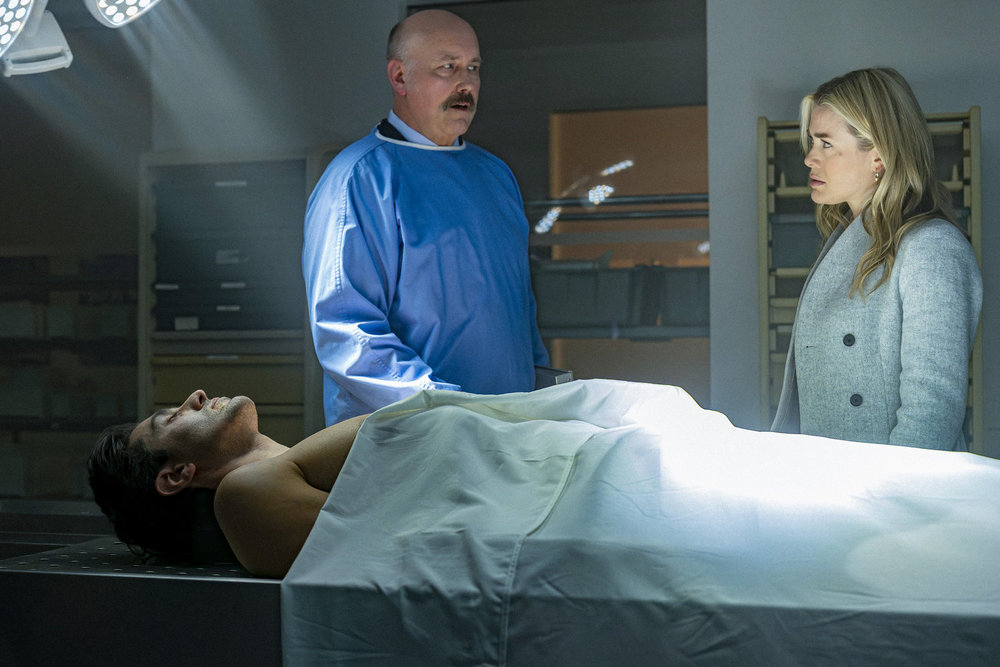 THE HUNTING PARTY -- "Nancy Albright " Episode 212 -- Pictured: (l-r) Larry Bull as Medical Examiner, Melissa Roxburgh as Rebecca "Bex" Henderson -- (Photo by: Ralph Bavaro/NBC)