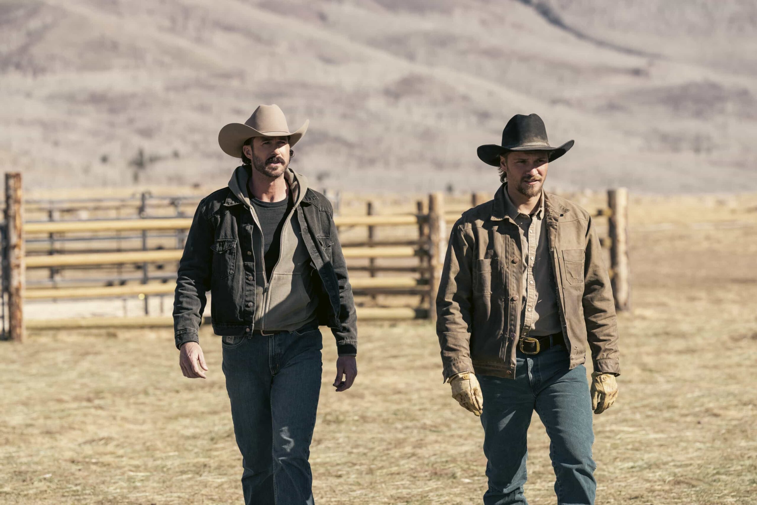 "Playing with Fire" -- CBS Original Series MARSHALS, scheduled to air on Sunday, May 3 (8:00-9:00 PM ET/PT).  Pictured (L-R): Riley Green as Garrett and Luke Grimes as Kayce Dutton.  Photo: Cam McLeod/CBS ©2025 CBS Broadcasting, Inc. All Rights Reserved.