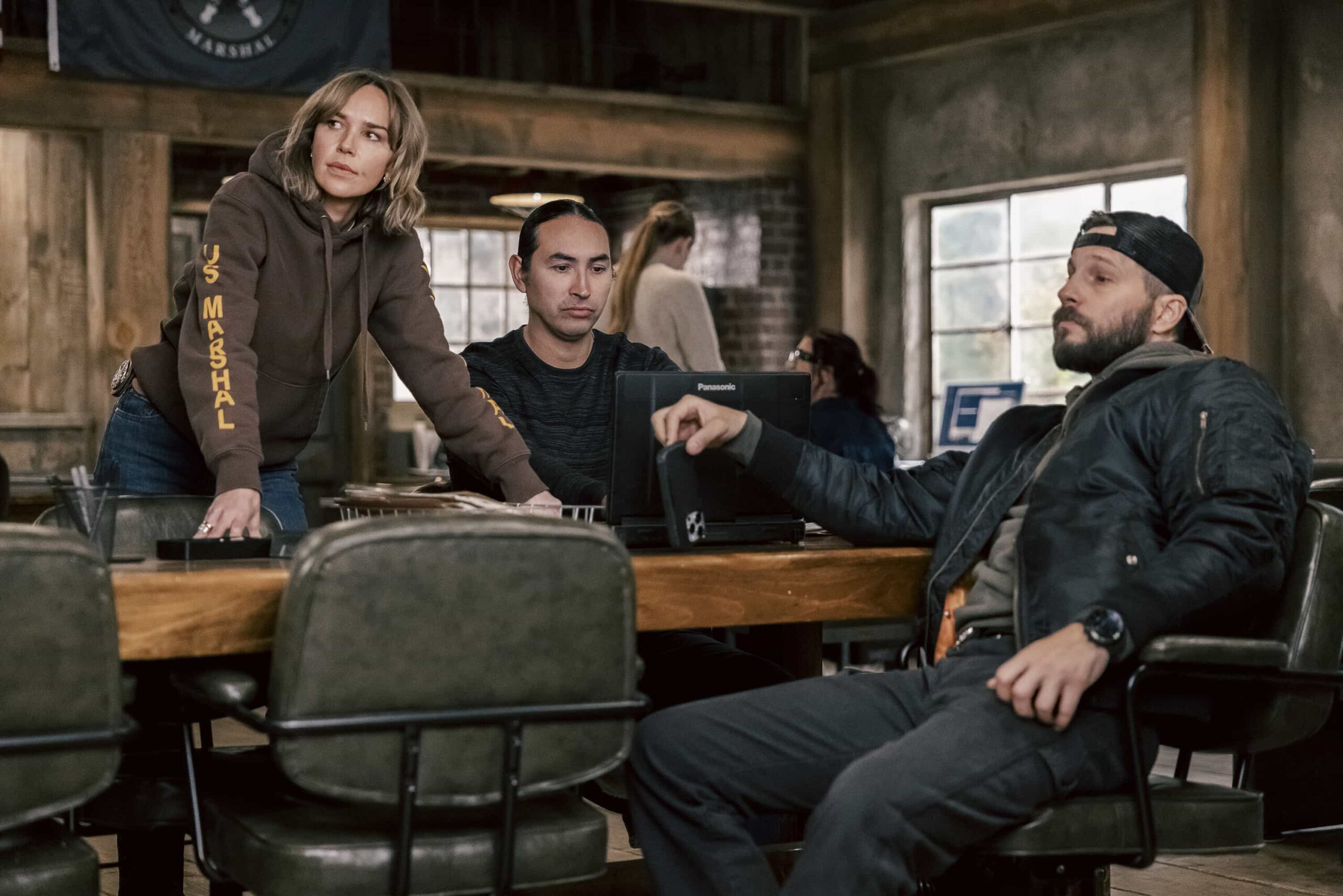 Marshals Season 1 Episode 10 "Playing with Fire" -- CBS Original Series MARSHALS, scheduled to air on Sunday, May 3 (8:00-9:00 PM ET/PT). Pictured (L-R): Arielle Kebbel as Belle, Tatanka Means as Miles, and Logan Marshall-Green as Pete Calvin. Photo: Fred Hayes/CBS ©2025 CBS Broadcasting, Inc. All Rights Reserved.