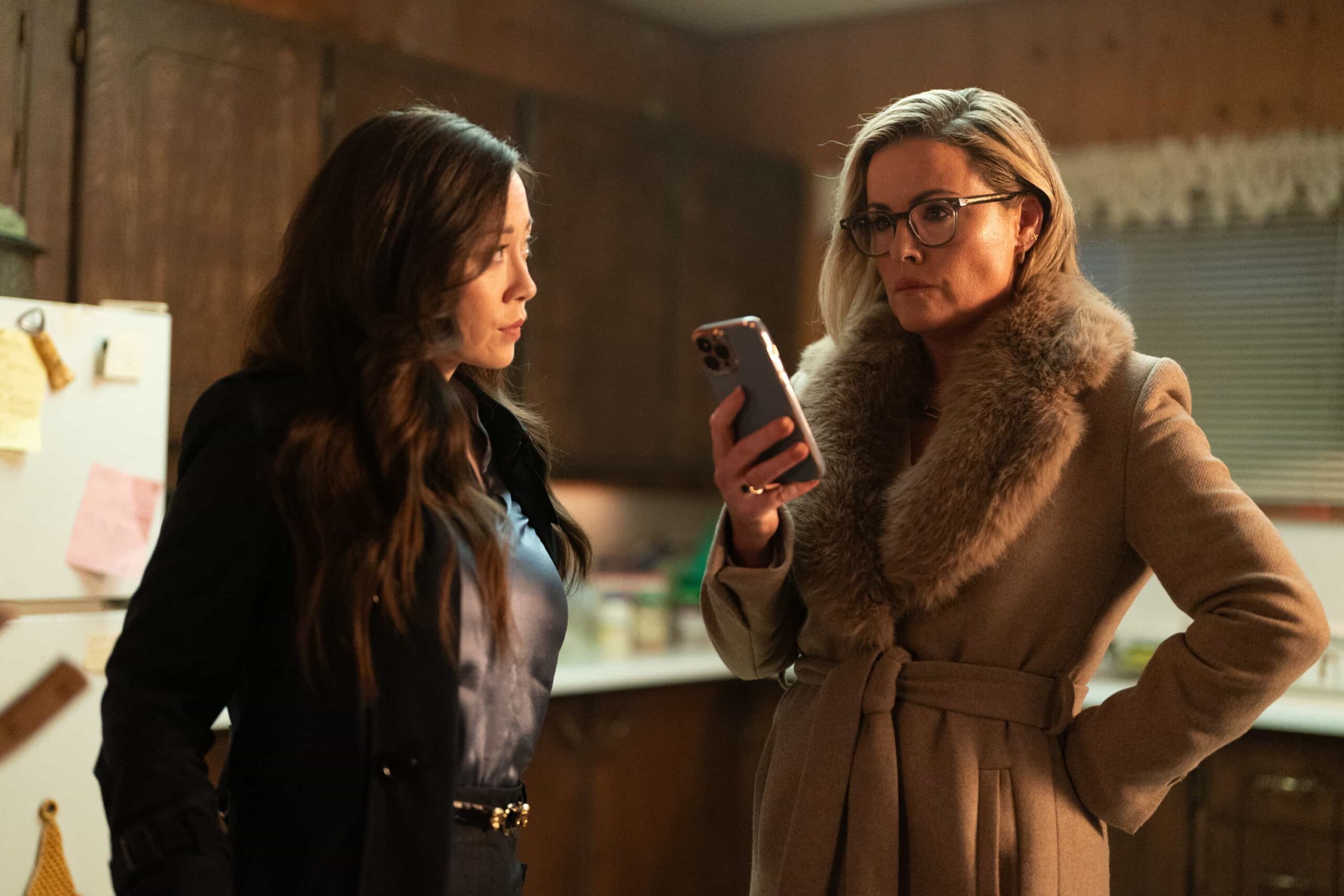 Tracker Season 3 Episode 19 “Chain of Custody” – Reenie hires Colter to locate the star witness of her and Maxine’s lawsuit against a corrupt real estate developer on the eve of trial, on the CBS Original series TRACKER, Sunday, May 3 (8:59-9:59 PM, ET/PT) on the CBS Television Network, and streaming on Paramount+  Pictured: Fiona Rene as Rennie Greene and Kathleen Robertson as Maxine.  Photo: Darko Sikman/CBS ©2026 CBS Broadcasting, Inc. All Rights Reserved.