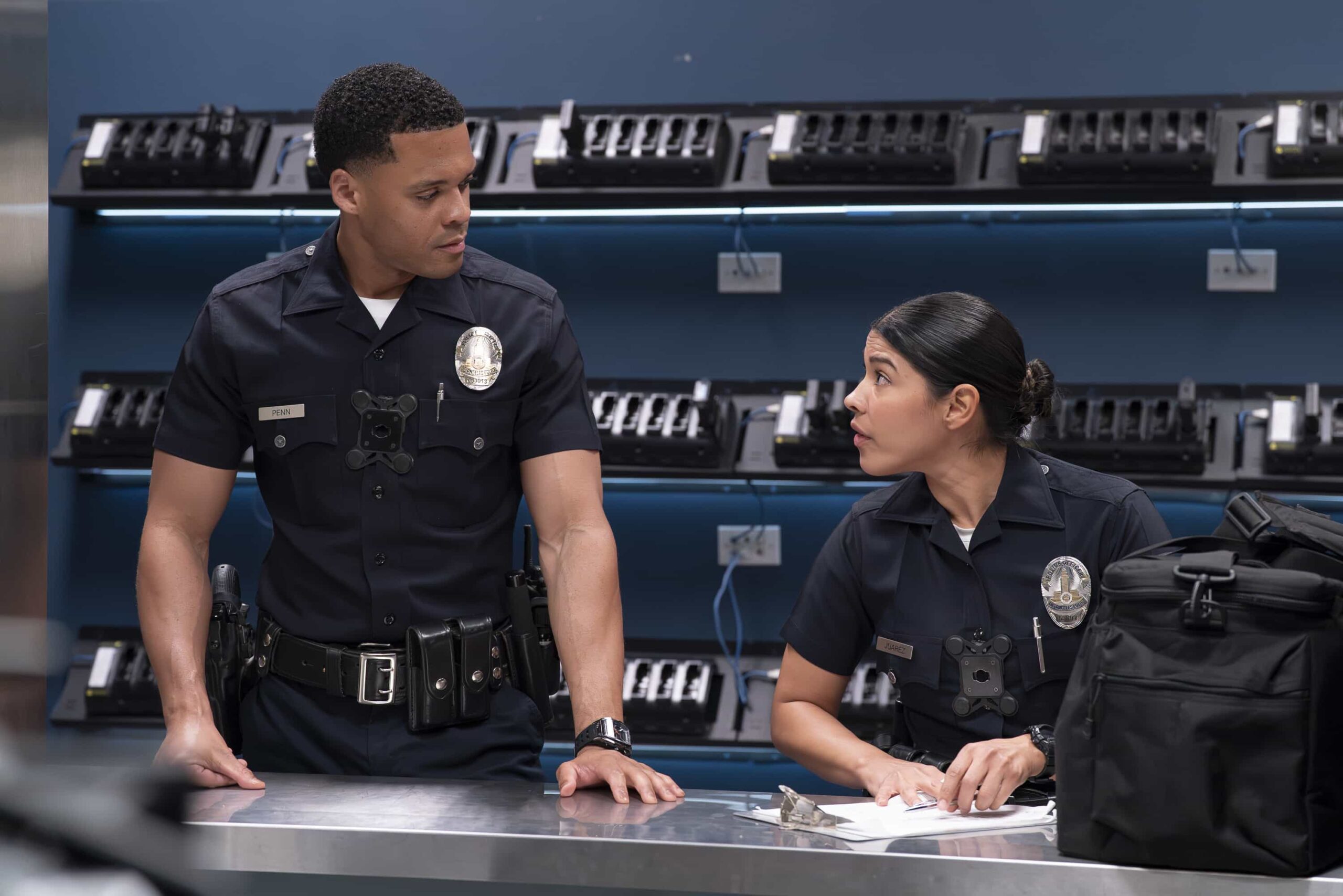The Rookie Season 8 Episode 18 Season Finale  - “The Bandit” - The team launches a high-stakes search to take down a notorious criminal. Meanwhile, Lucy’s leadership is tested; Wesley tests the boundaries of his friendships, and Nolan tries to balance duty and family. MONDAY, MAY 4 (10:00-11:00 p.m. EDT) on ABC. (Disney/Mike Taing) 
DERIC AUGUSTINE, LISSETH CHAVEZ