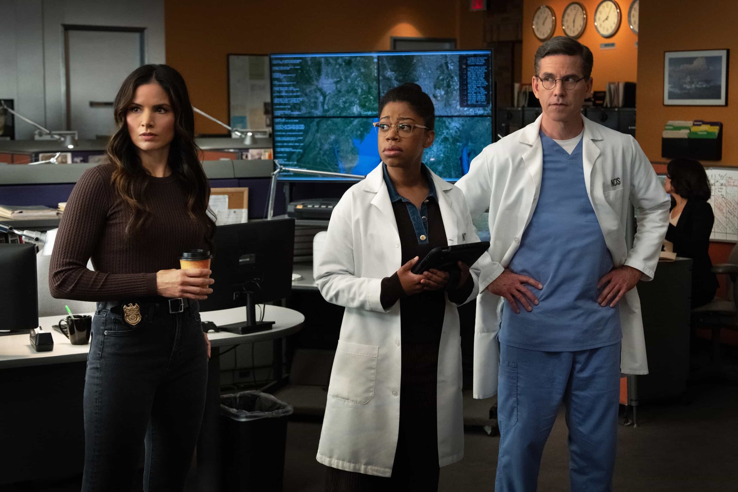 NCIS Season 23 Episode 19 “DEAL WITH THE DEVIL” - CBS Original Series NCIS, scheduled to air TUESDAY, MAY 5 (8:00 PM ET/PT)  Pictured (L-R): Katrina Law as Jessica Knight, Brian Dietzen as Jimmy Palmer and Diona Reasonover as Kasie Hines.  Photo: Robert Voets/CBS  ©2026 CBS Broadcasting, Inc. All Rights Reserved.