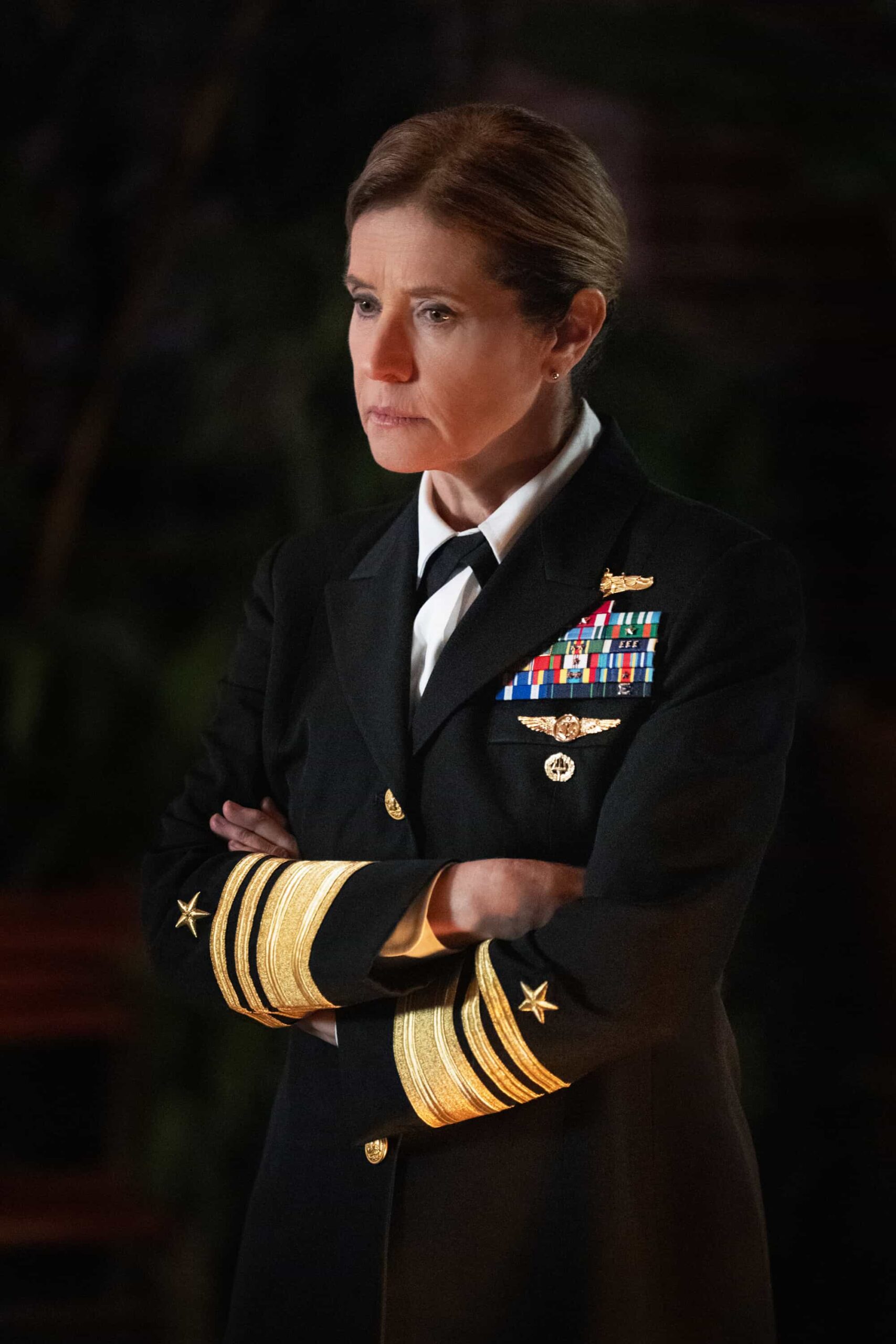 “DEAL WITH THE DEVIL” - CBS Original Series NCIS, scheduled to air TUESDAY, MAY 5 (8:00 PM ET/PT)  Pictured (L-R): Nancy Travis as  Navy Vice Admiral Harriet Parker  Photo: Robert Voets/CBS  ©2026 CBS Broadcasting, Inc. All Rights Reserved.