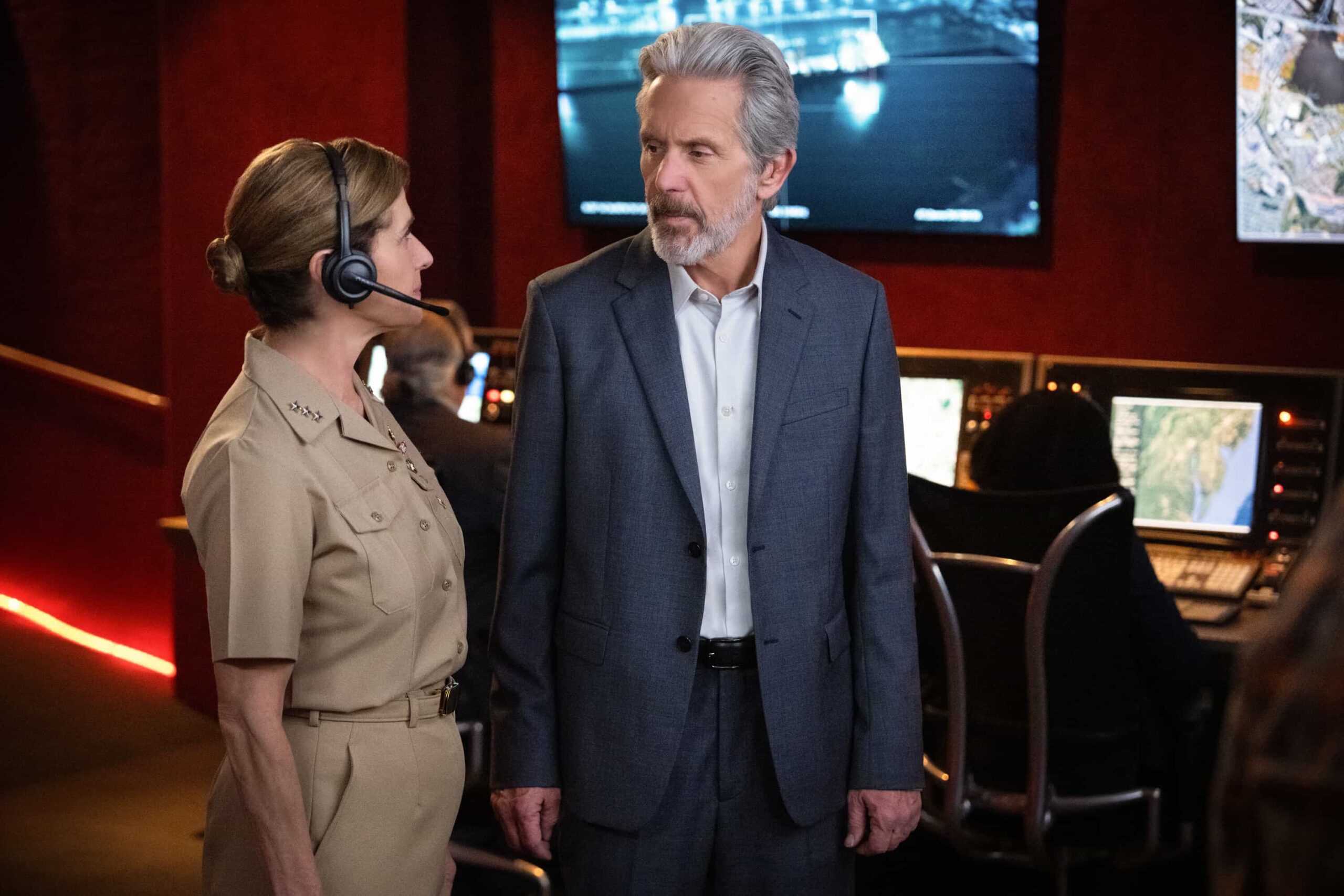 “DEAL WITH THE DEVIL” - CBS Original Series NCIS, scheduled to air TUESDAY, MAY 5 (8:00 PM ET/PT)  Pictured (L-R): Gary Cole as Alden Parker, Nancy Travis as  Navy Vice Admiral Harriet Parker  Photo: Robert Voets/CBS  ©2026 CBS Broadcasting, Inc. All Rights Reserved.