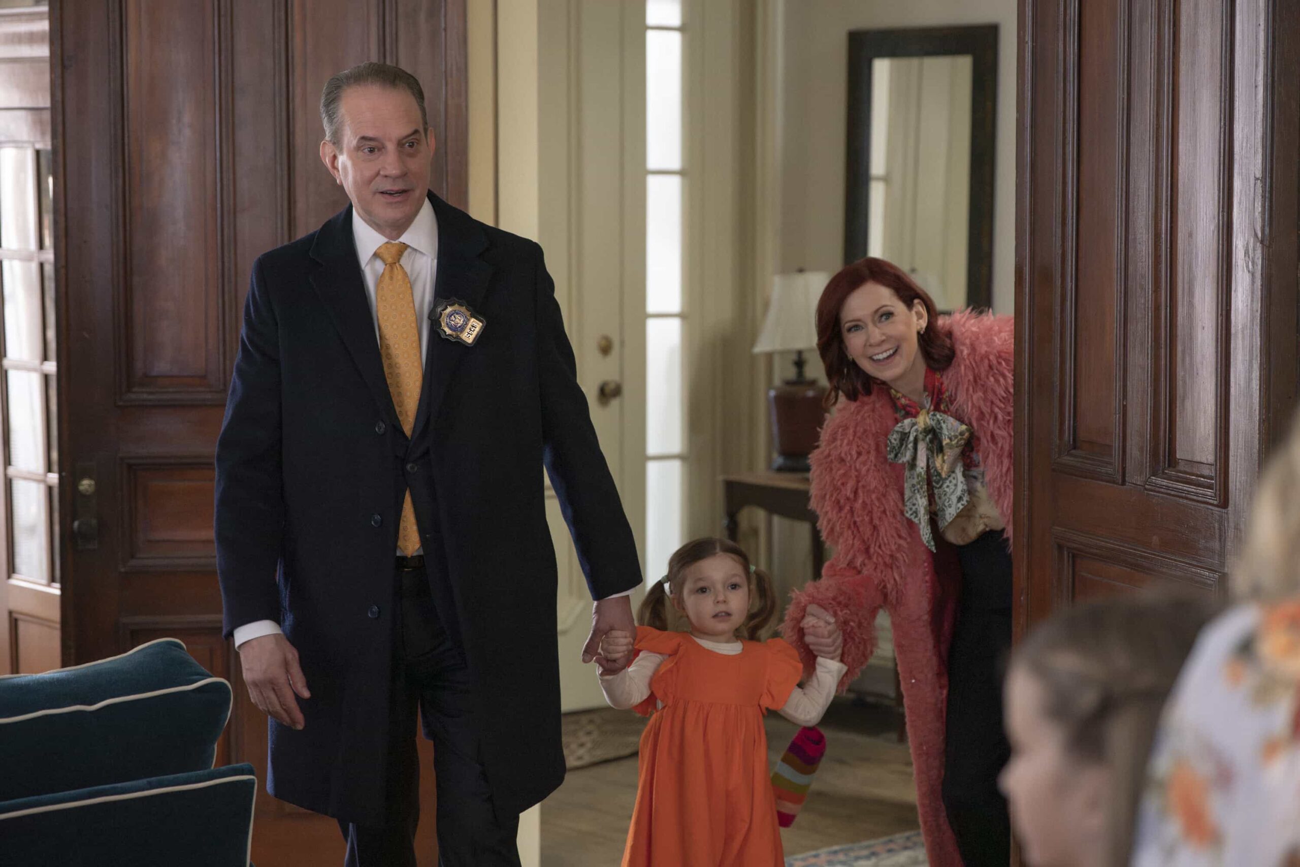 "Murder From Scratch" -- Coverage of the CBS Original Series ELSBETH, scheduled to air on the CBS Television Network. Pictured L to R: Danny Mastrogiorgio as Detective Smullen, Angelica Nero as Deservedly Woodbent, and Carrie Preston as Elsbeth Tascioni. Photo: Michael Parmelee/CBS ©2026 CBS Broadcasting, Inc. All Rights Reserved.