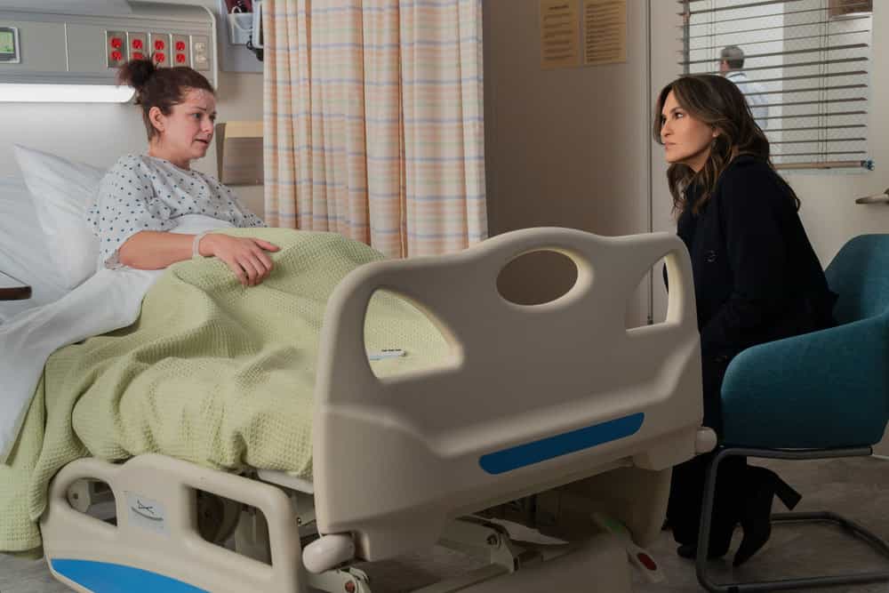 LAW & ORDER: SPECIAL VICTIMS UNIT -- "Old Friends" Episode 27020 -- Pictured: (l-r) Izzie Steele as Nora, Mariska Hargitay as Capt. Olivia Benson -- (Photo by: Virginia Sherwood/NBC)