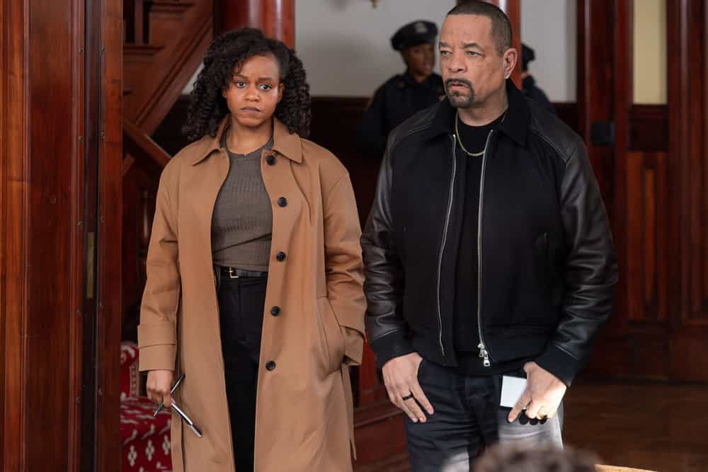Law & Order SVU Season 27 Episode 20 -- "Old Friends" Episode 27020 -- Pictured: (l-r) Aimé Donna Kelly as Capt. Renee Curry, Ice T as Sgt. Odafin "Fin" Tutuola -- (Photo by: Ralph Bavaro/NBC)