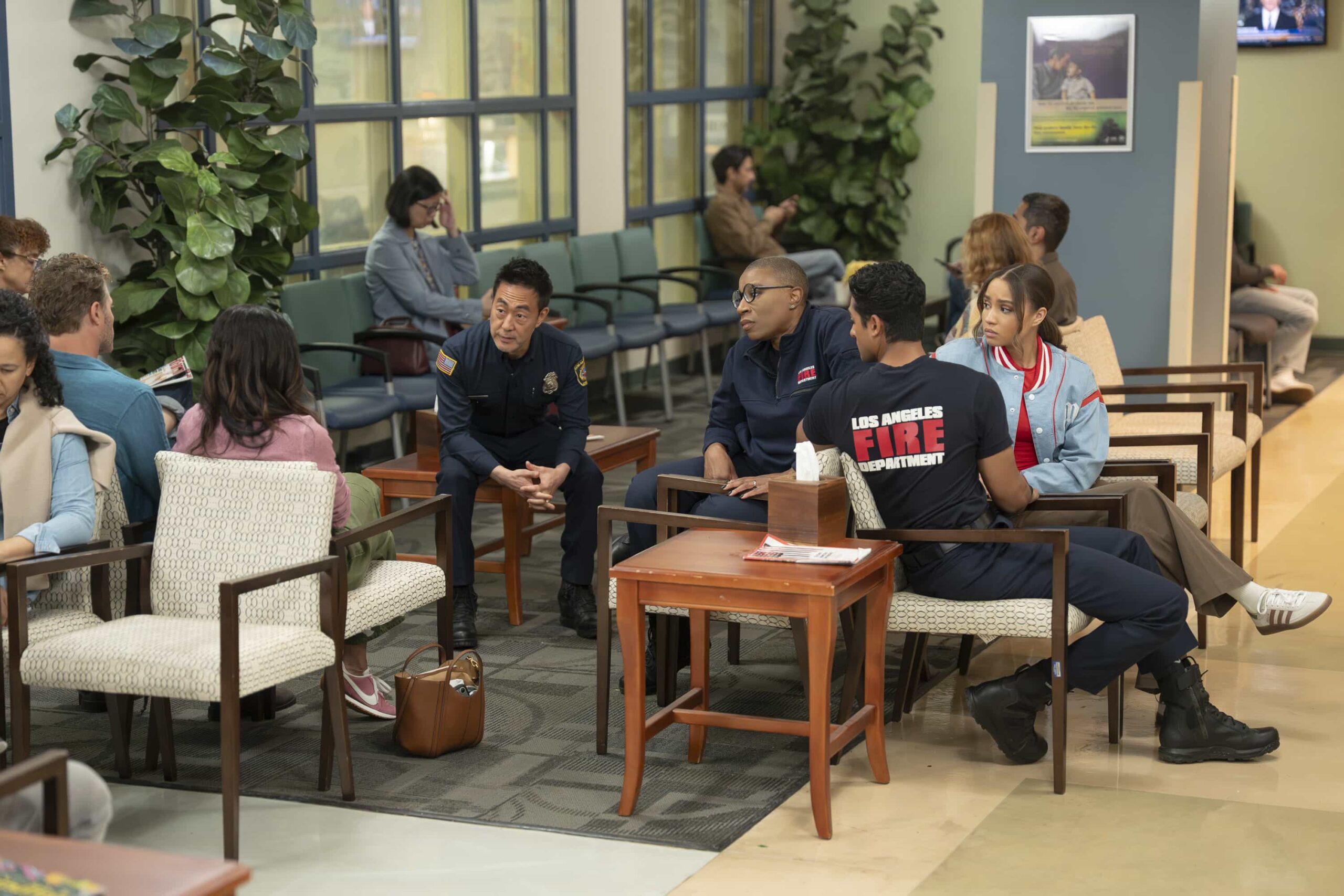 9-1-1 Season 9 Episode 18 Finale - “Hearts and Flowers” - Following Athena’s shooting, the 118 gathers at the hospital awaiting news.THURSDAY, MAY 7 (8:00-9:00 p.m. EDT) on ABC. (Disney/Christopher Willard) KENNETH CHOI, AISHA HINDS, CORINNE MASSIAH