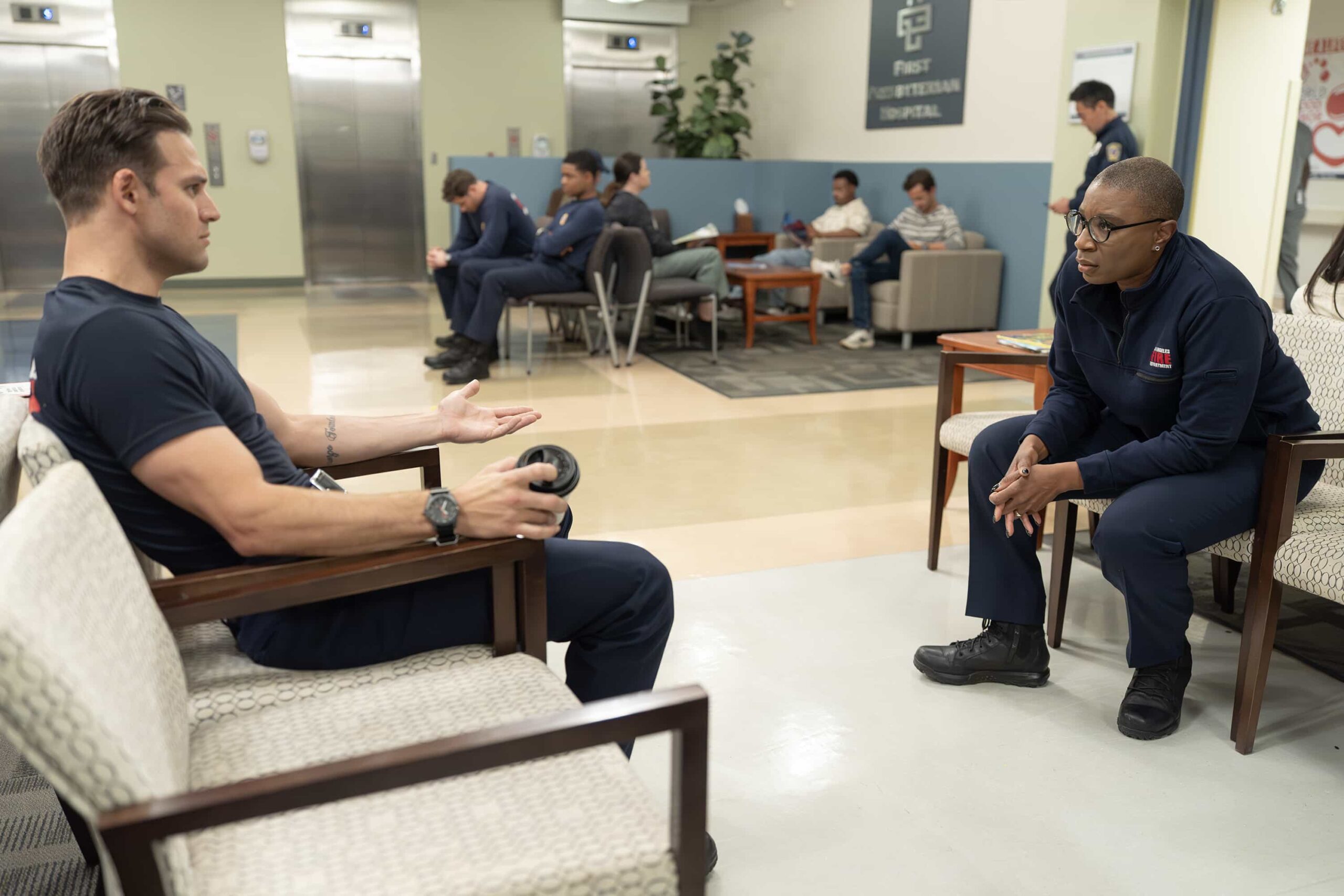 9-1-1 - “Hearts and Flowers” - Following Athena’s shooting, the 118 gathers at the hospital awaiting news. Meanwhile, the mastermind behind the trafficking ring is determined to silence Athena and anyone who gets in his way for good. THURSDAY, MAY 7 (8:00-9:00 p.m. EDT) on ABC. (Disney/Christopher Willard) 
RYAN GUZMAN, AISHA HINDS