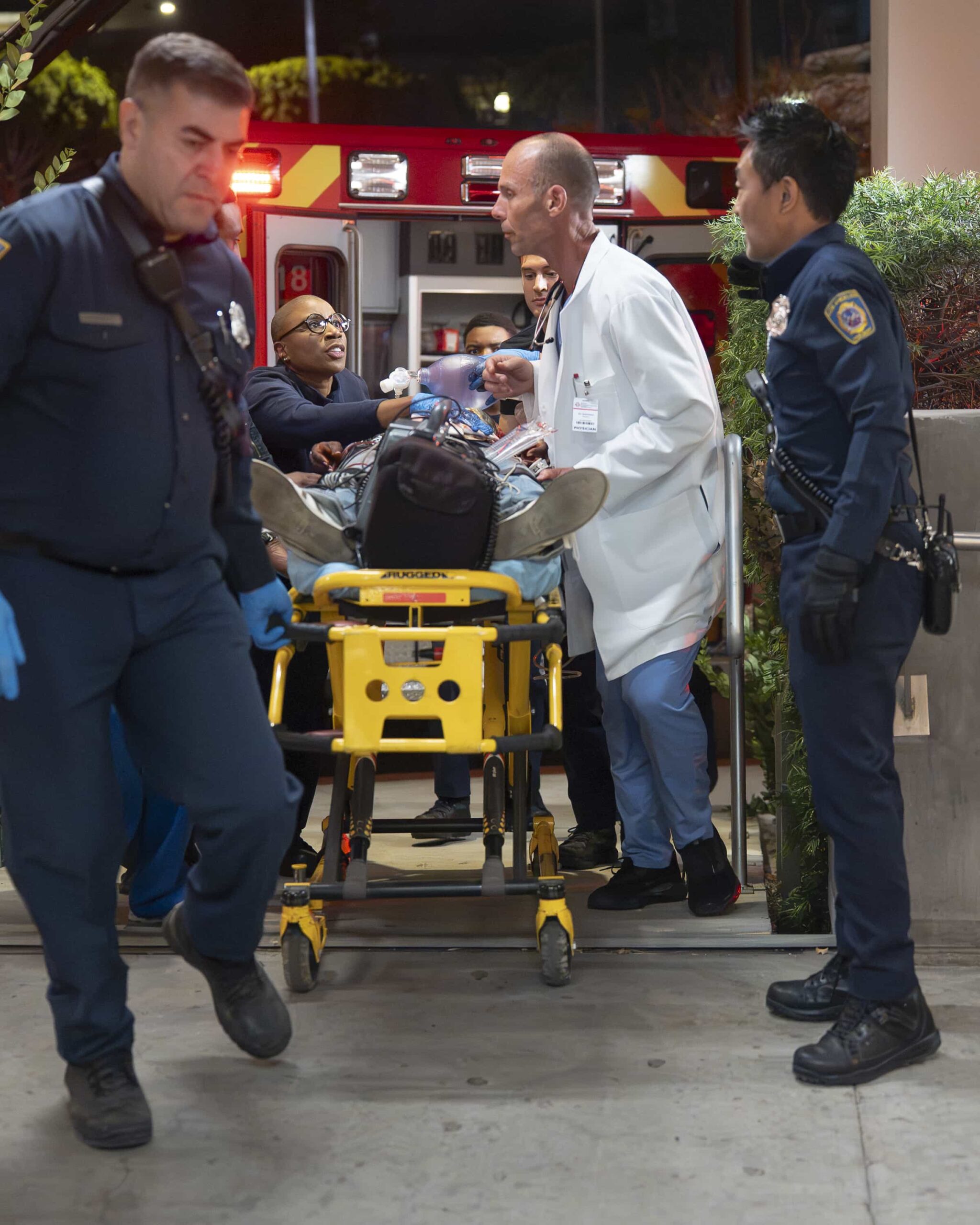 9-1-1 - “Hearts and Flowers” - Following Athena’s shooting, the 118 gathers at the hospital awaiting news. Meanwhile, the mastermind behind the trafficking ring is determined to silence Athena and anyone who gets in his way for good. THURSDAY, MAY 7 (8:00-9:00 p.m. EDT) on ABC. (Disney/Christopher Willard) 
AISHA HINDS, KENNETH CHOI