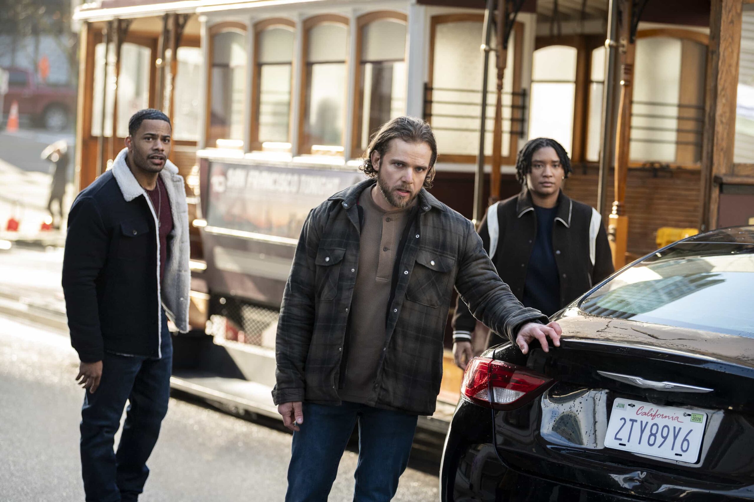 Fire Country Season 4 Episode 18 "Best Man" -- Coverage of the CBS Original Series FIRE COUNTRY, scheduled to air on Friday, May 8 (9:00-10:00 PM, ET/PT). Pictured (L-R): Jordan Calloway as Jake Crawford, Max Thieriot as Bode Leone, and Jules Latimer as Eve Edwards. Photo: Sergei Bachlakov/CBS ©2026 CBS Broadcasting, Inc. All Rights Reserved.