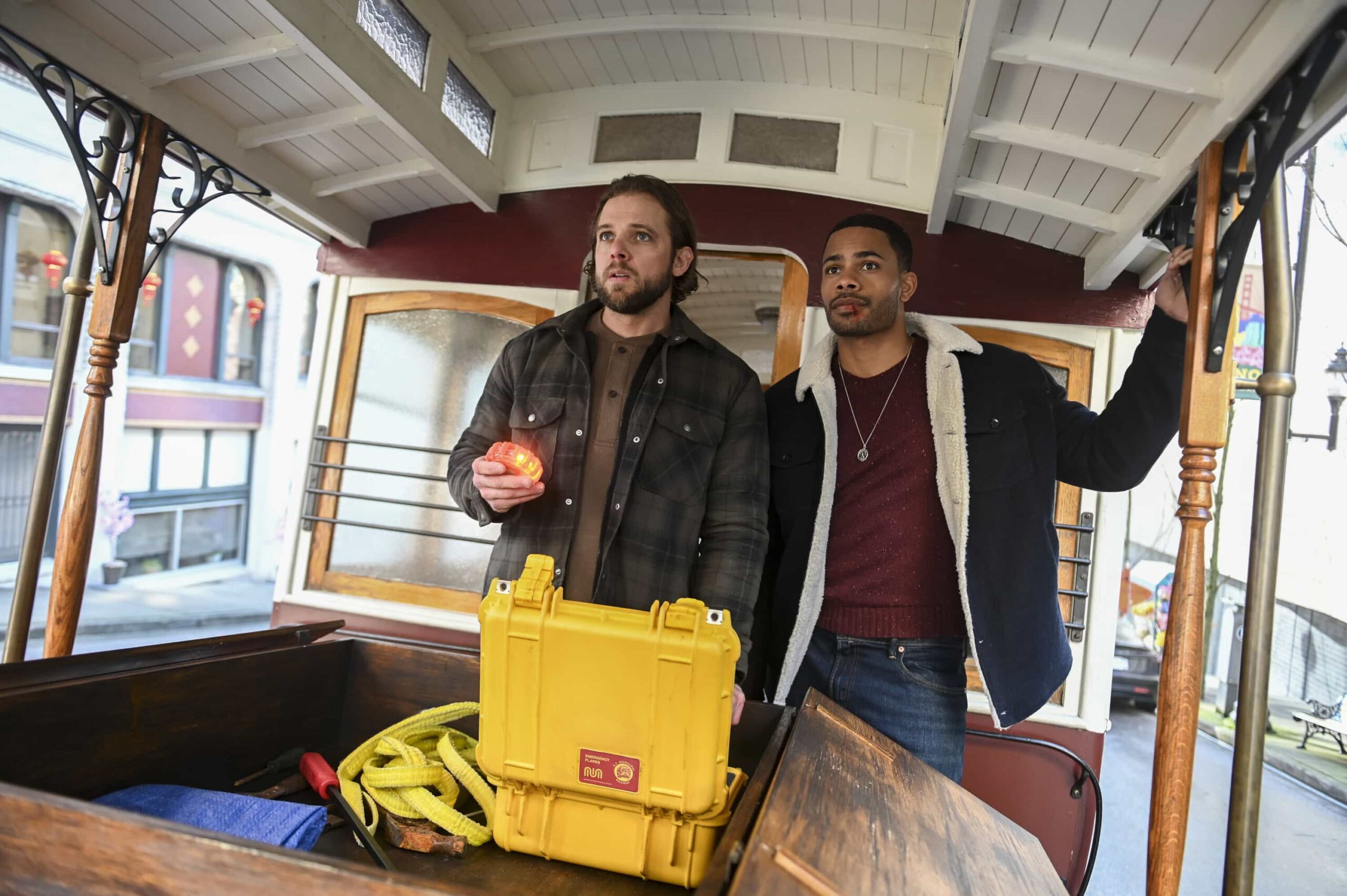 "Best Man" -- CBS Original Series FIRE COUNTRY, scheduled to air on Friday, May 8 (9:00-10:00 PM, ET/PT). Pictured (L-R): Max Thieriot as Bode Leone and Jordan Calloway as Jake Crawford. Photo: Sergei Bachlakov/CBS ©2026 CBS Broadcasting, Inc. All Rights Reserved.