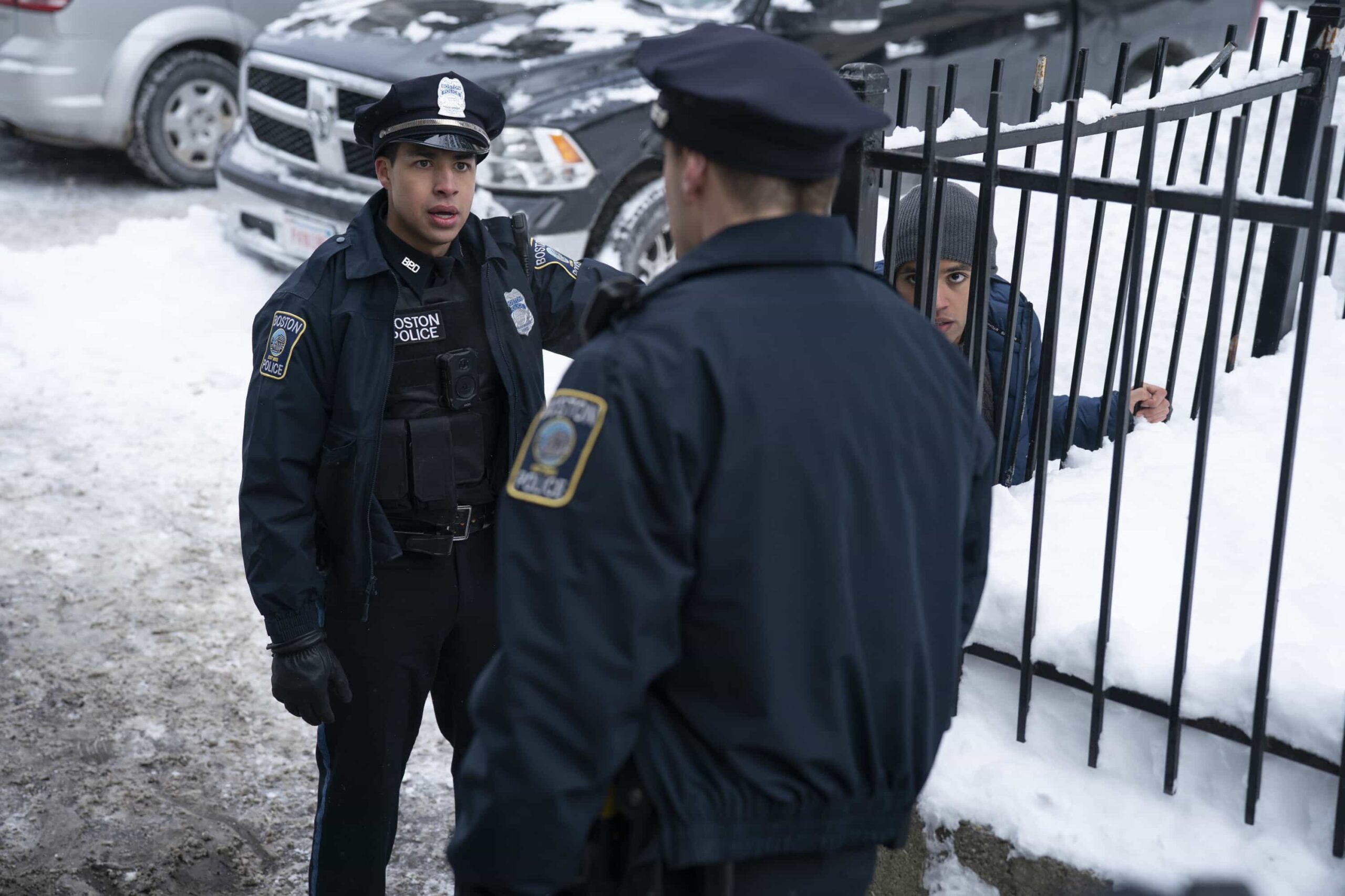 "Personal Foul" -- Coverage of the CBS Original Series BOSTON BLUE, scheduled to air on the CBS Television Network. Pictured L to R: Marcus Scribner as Jonah Silver and Jeremy Watson as Kai Washington. Photo: Brendan Adam-Zwelling/CBS ©2026 CBS Broadcasting, Inc. All Rights Reserved.