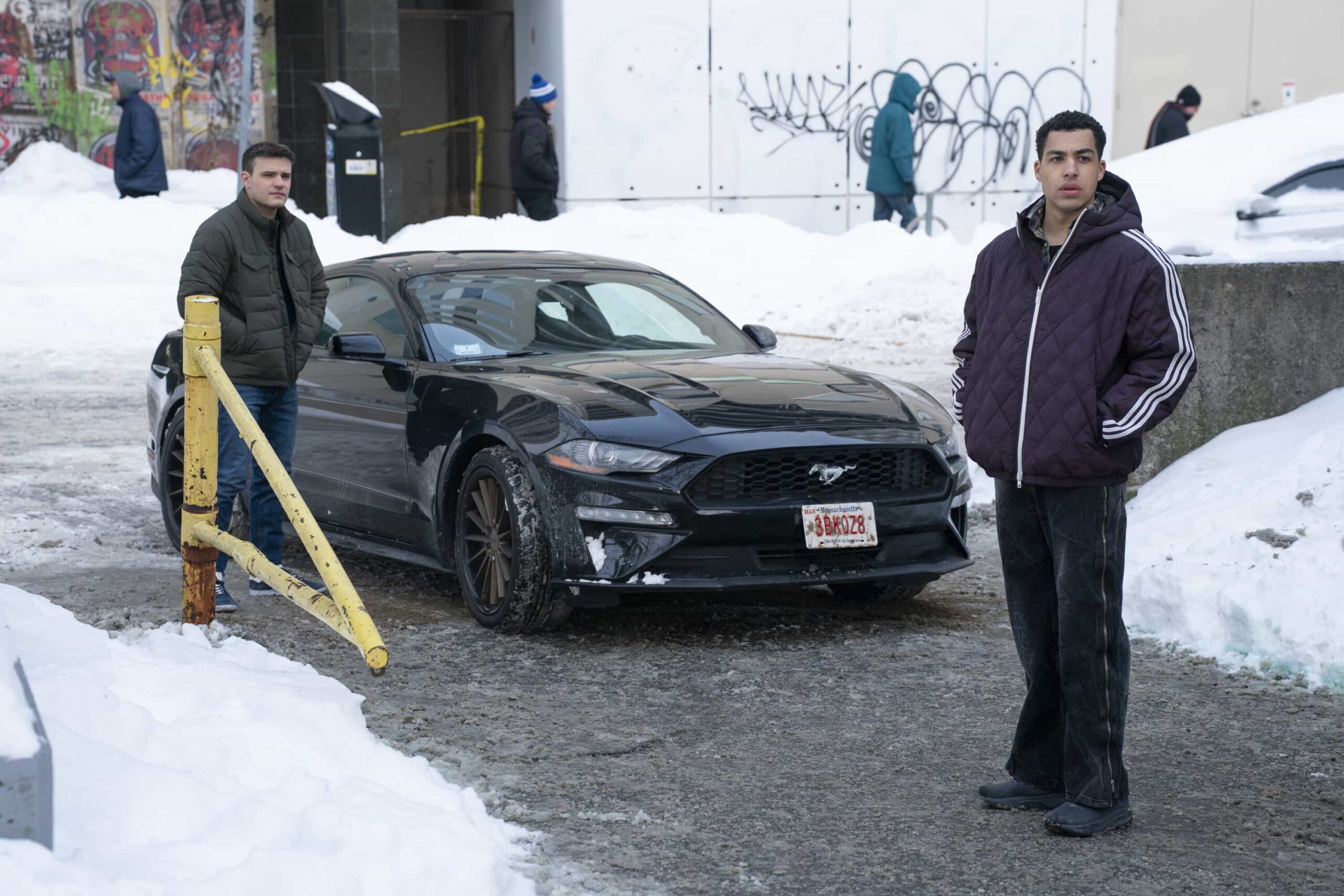 "Personal Foul" -- Coverage of the CBS Original Series BOSTON BLUE, scheduled to air on the CBS Television Network. Pictured L to R: Mika Amonsen as Sean Reagan and Marcus Scribner as Jonah Silver. Photo: Brendan Adam-Zwelling/CBS ©2026 CBS Broadcasting, Inc. All Rights Reserved.