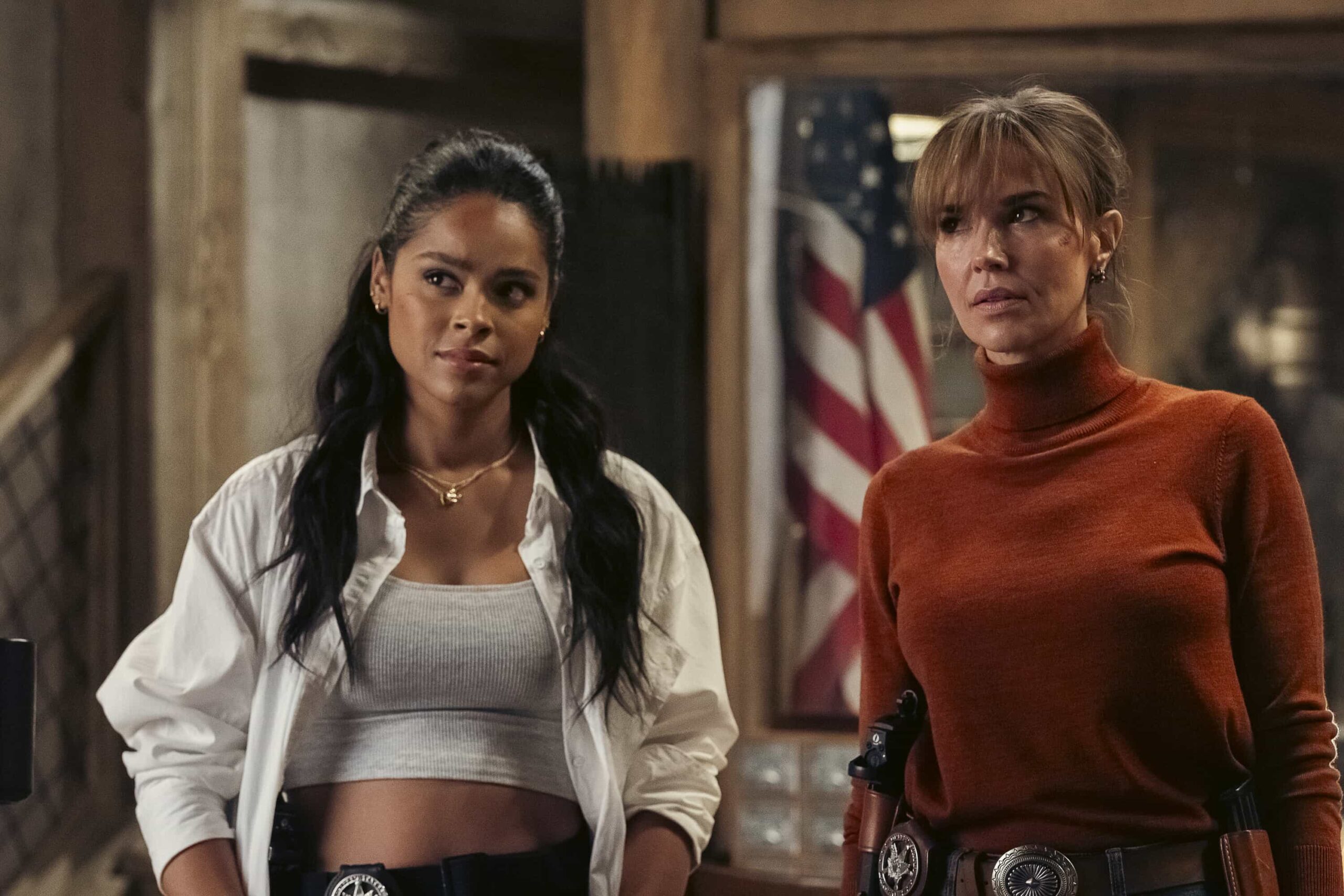 Marshals Season 1 Episode 11 “On Thin Ice” — CBS Original Series MARSHALS, scheduled to air on Sunday, May 10 (8:00-9:00 PM, ET/PT).  Pictured (L-R): Ash Santos as Andrea and Arielle Kebbel as Belle. Photo: Zach Dilgard/CBS ©2025 CBS Broadcasting, Inc. All Rights Reserved.