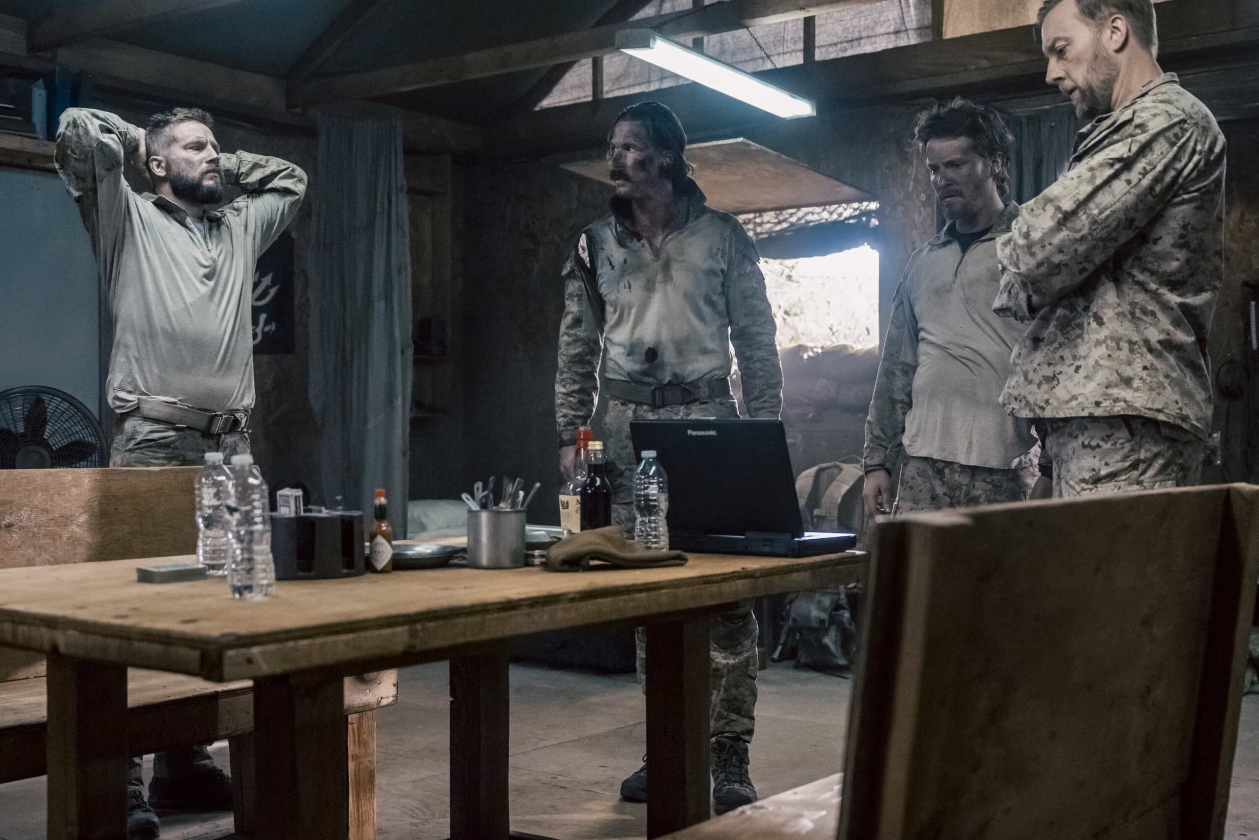 Marshals Season 1 Episode 11 “On Thin Ice” — CBS Original Series MARSHALS, scheduled to air on Sunday, May 10 (8:00-9:00 PM, ET/PT).  Pictured (L-R): Logan Marshall-Green as Pete Calvin, Riley Green as Garrett, Luke Grimes as Kayce Dutton and Shon Lange as Lieutenant Commander Muro. Photo: Zach Dilgard/CBS ©2025 CBS Broadcasting, Inc. All Rights Reserved.