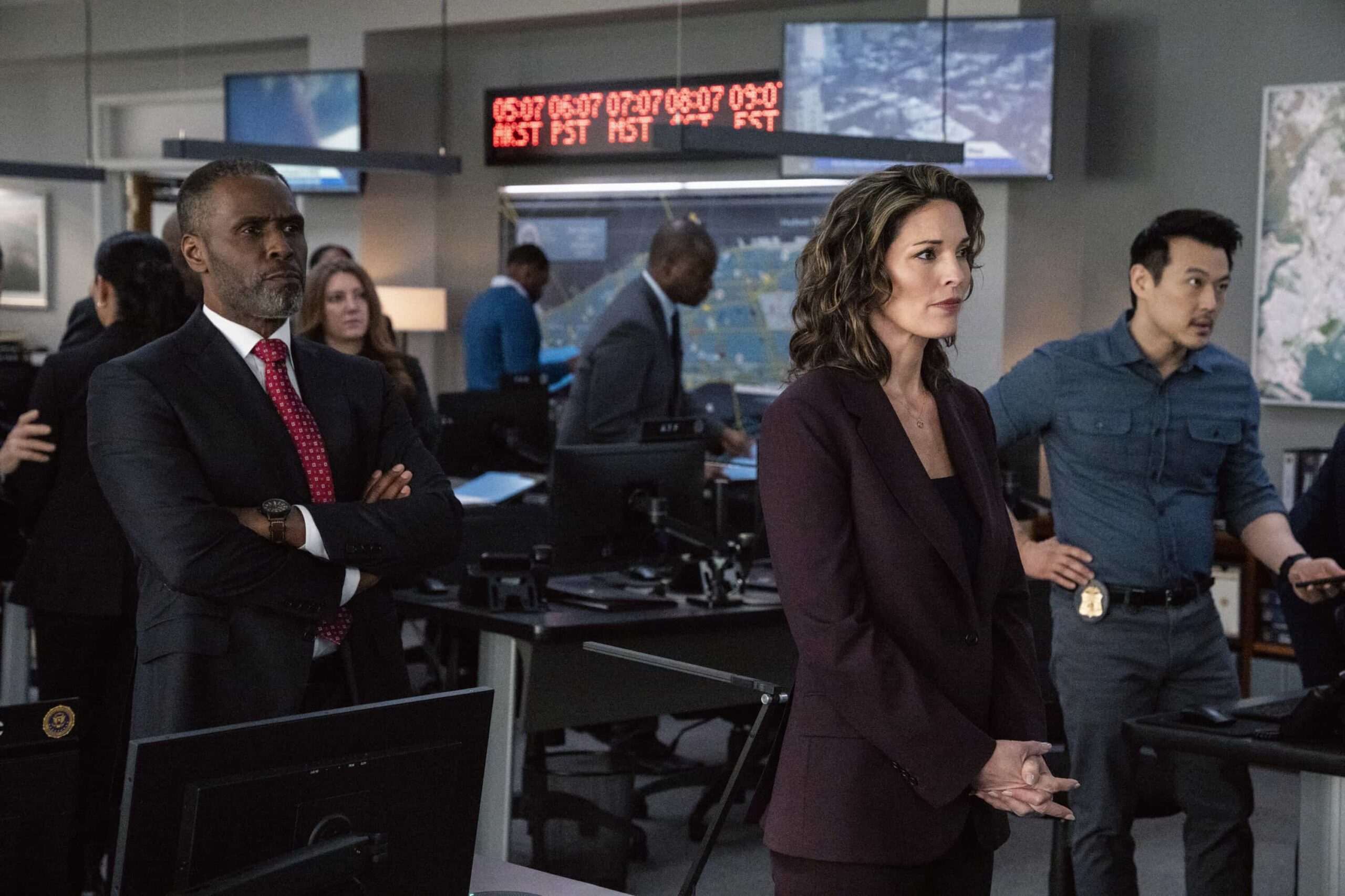 “Long Shot” — CBS Original Series FBI, scheduled to air on Monday, May 11 (9:00-10:00 PM, ET/PT).  Pictured (L-R): Curtiss Cook as ADIC Lawrence Green, Alana De La Garza as Special Agent in Charge Isobel Castille, and James Chen as Ian Lim. Photo: Bennett Raglin/CBS ©2026 CBS Broadcasting, Inc. All Rights Reserved.