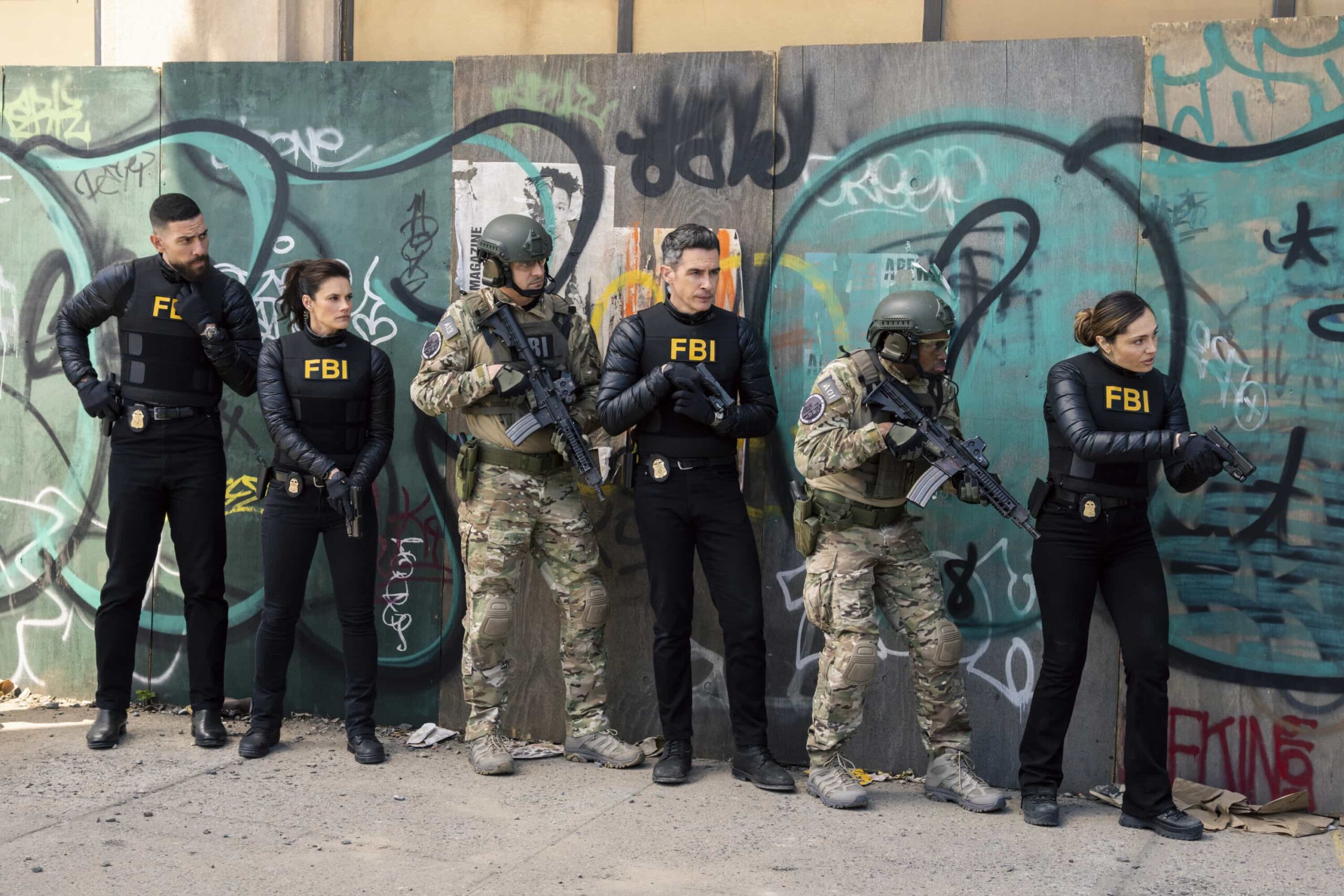 FBI Season 8 Episode 21 “Long Shot” — CBS Original Series FBI, scheduled to air on Monday, May 11 (9:00-10:00 PM, ET/PT).  Pictured (L-R): Zeeko Zaki as Special Agent Omar Adom ‘OA’ Zidan, Missy Peregrym as Special Agent Maggie Bell, John Boyd as Special Agent Stuart Scola, and Juliana Aidén Martinez as Eva Ramos. Photo: Bennett Raglin/CBS ©2026 CBS Broadcasting, Inc. All Rights Reserved.