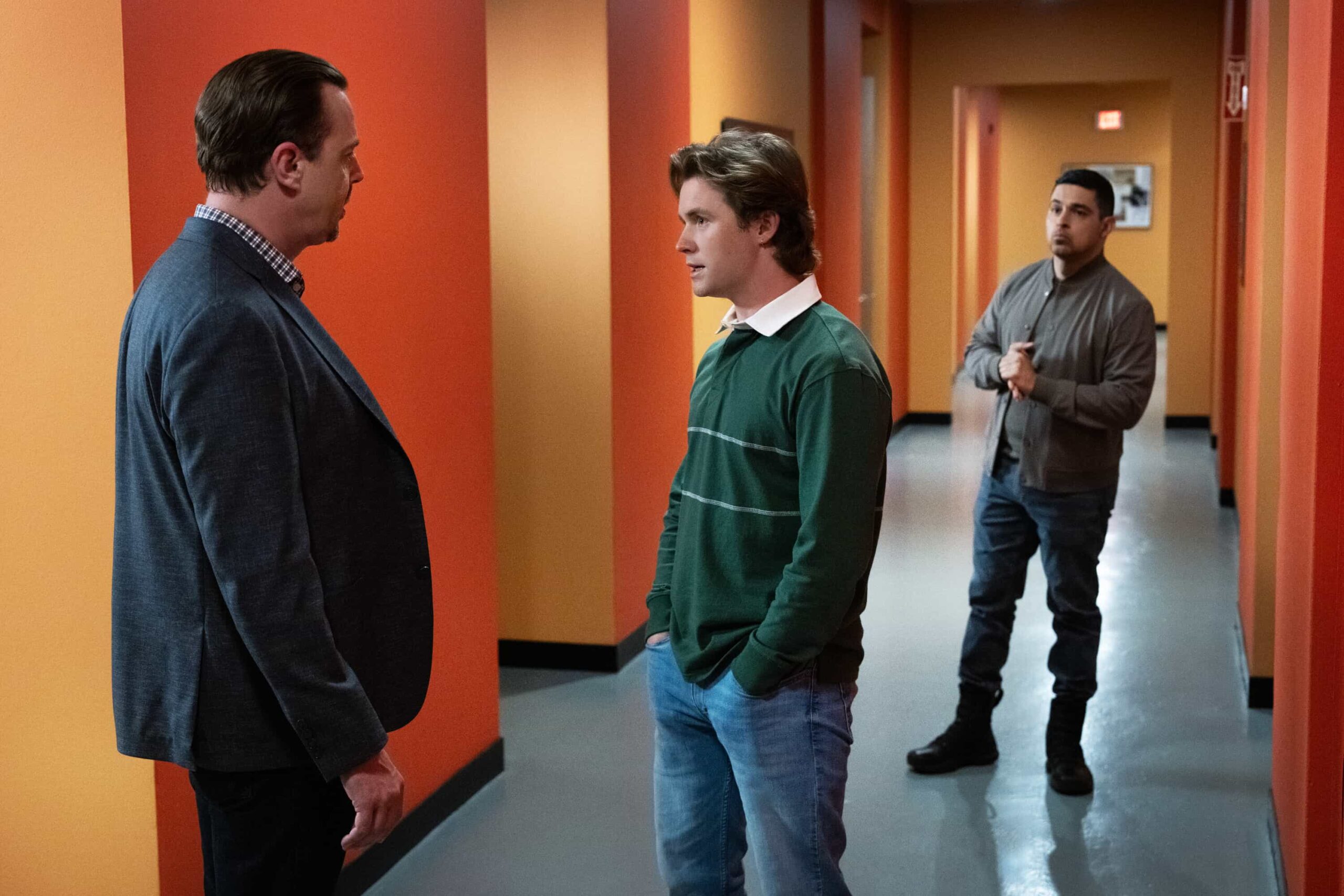 “SONS AND DAUGHTERS” - CBS Original Series NCIS, scheduled to air TUESDAY, MAY 12 (8:00 PM ET/PT)  Pictured (L-R): Sean Murray as Timothy McGee, Patrick Keleher as Mateo Garcia, Wilmer Valderrama as Nick Torres  Photo: Robert Voets/CBS  ©2026 CBS Broadcasting, Inc. All Rights Reserved.