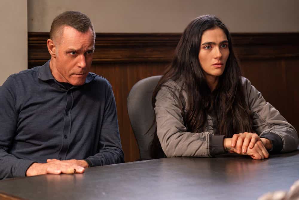 CHICAGO P.D. Season 13 Episode 21 Season Finale-- "Born or Made" Episode 1321 -- Pictured: (l-r) Jason Beghe as Sergeant Hank Voight, Arienne Mandi as Eva Imani -- (Photo by: Elizabeth Sisson/NBC)