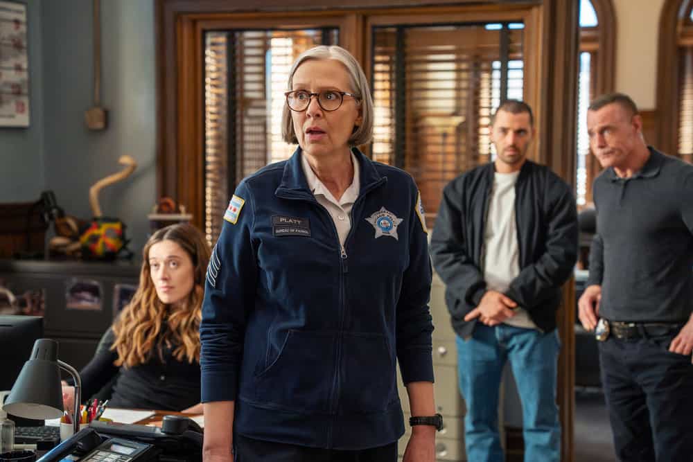 CHICAGO P.D. -- "Born or Made" Episode 1321 -- Pictured: (l-r) Marina Squerciati as Officer Kim Burgess, Amy Morton as Desk Sgt. Trudy Platt, Benjamin Levy Aguilar as Dante Torres, Jason Beghe as Sergeant Hank Voight -- (Photo by: Elizabeth Sisson/NBC)
