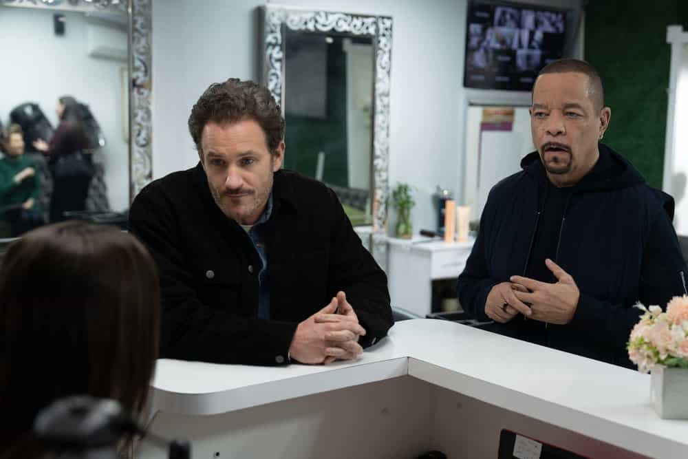 Law & Order SVU Season 27 Episode 21 Season Final -- "Monster" Episode 27021 -- Pictured: (l-r) Kevin Kane as Det. Terry Bruno, Ice T as Sgt. Odafin "Fin" Tutuola -- (Photo by: Virginia Sherwood/NBC)