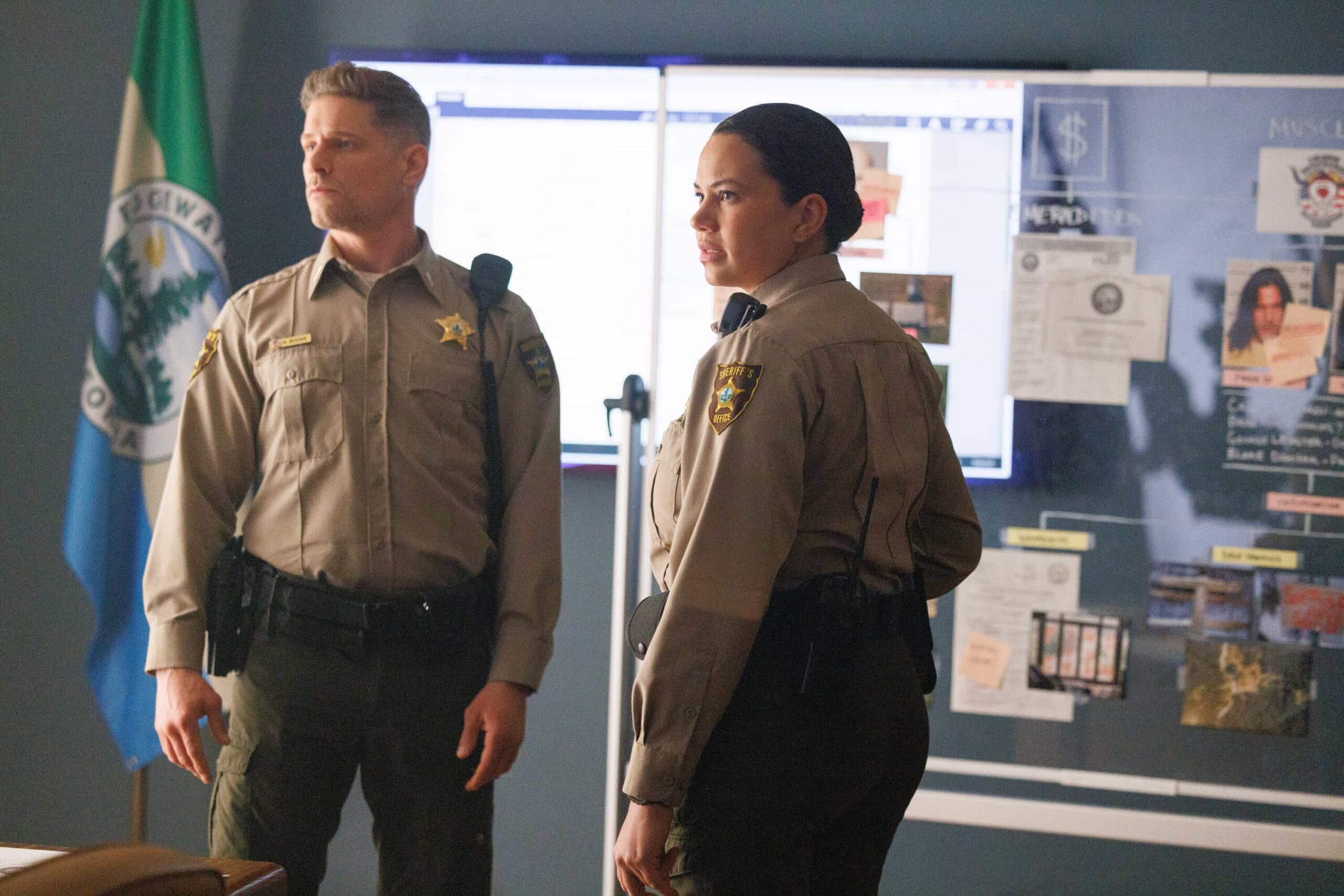 Sheriff Country Season 1 Episode 19 “Compromised” – Sheriff Mickey Fox aids a federal investigation into a high-stakes case involving alleged interstate crime and a web of local land deals. GRAMMY® Award-winner Maren Morris guest stars as Hazel, Skye’s sponsor, on SHERIFF COUNTRY, Friday, May 15 (8:00-9:00 PM, ET/PT) on the CBS Television Network, and streaming on Paramount+ (live and on-demand for Paramount+ Premium plan subscribers, or on-demand for Paramount+.   Pictured: Matt Lauria as Boone and Michele Weaver as Cassidy. Photo: Darren Goldstein/CBS ©2026 CBS Broadcasting, Inc. All Rights Reserved.