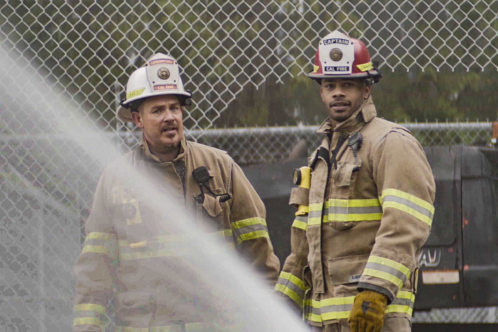 Fire Country Season 4 Episode 19 “Rain Check for Tomorrow” -- The CBS Original Series FIRE COUNTRY, scheduled to air on Friday, May 15 (9:00-10:00 PM, ET/PT). Pictured (L-R): Kevin Alejandro as Manny Perez and Jordan Calloway as Jake Crawford. Photo: CBS ©2026 CBS Broadcasting, Inc. All Rights Reserved. Highest quality screengrab available.