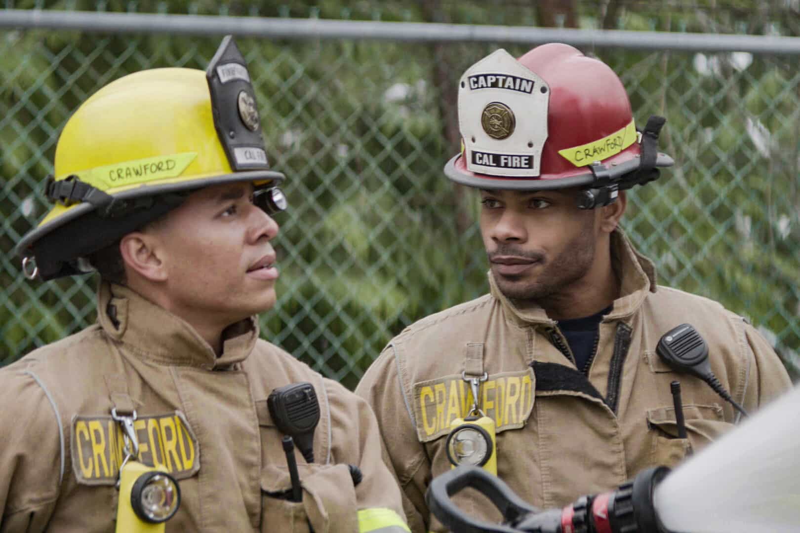 “Rain Check for Tomorrow” -- The CBS Original Series FIRE COUNTRY, scheduled to air on Friday, May 15 (9:00-10:00 PM, ET/PT). Pictured (L-R): Dominic Goodman as Malcolm Crawford and Jordan Calloway as Jake Crawford. Photo: CBS ©2026 CBS Broadcasting, Inc. All Rights Reserved. Highest quality screengrab available.