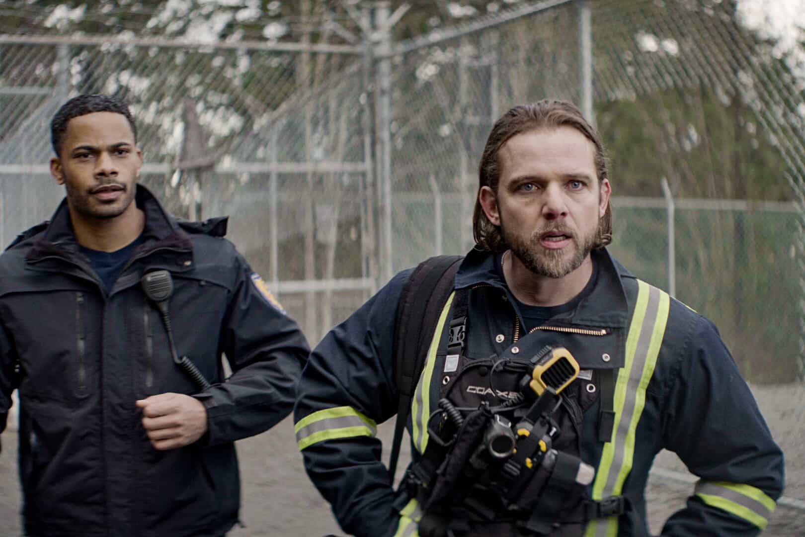 Fire Country Season 4 Episode 19 “Rain Check for Tomorrow” -- The CBS Original Series FIRE COUNTRY, scheduled to air on Friday, May 15 (9:00-10:00 PM, ET/PT). Pictured (L-R): Jordan Calloway as Jake Crawford and Max Thieriot as Bode Leone. Photo: CBS ©2026 CBS Broadcasting, Inc. All Rights Reserved. Highest quality screengrab available.