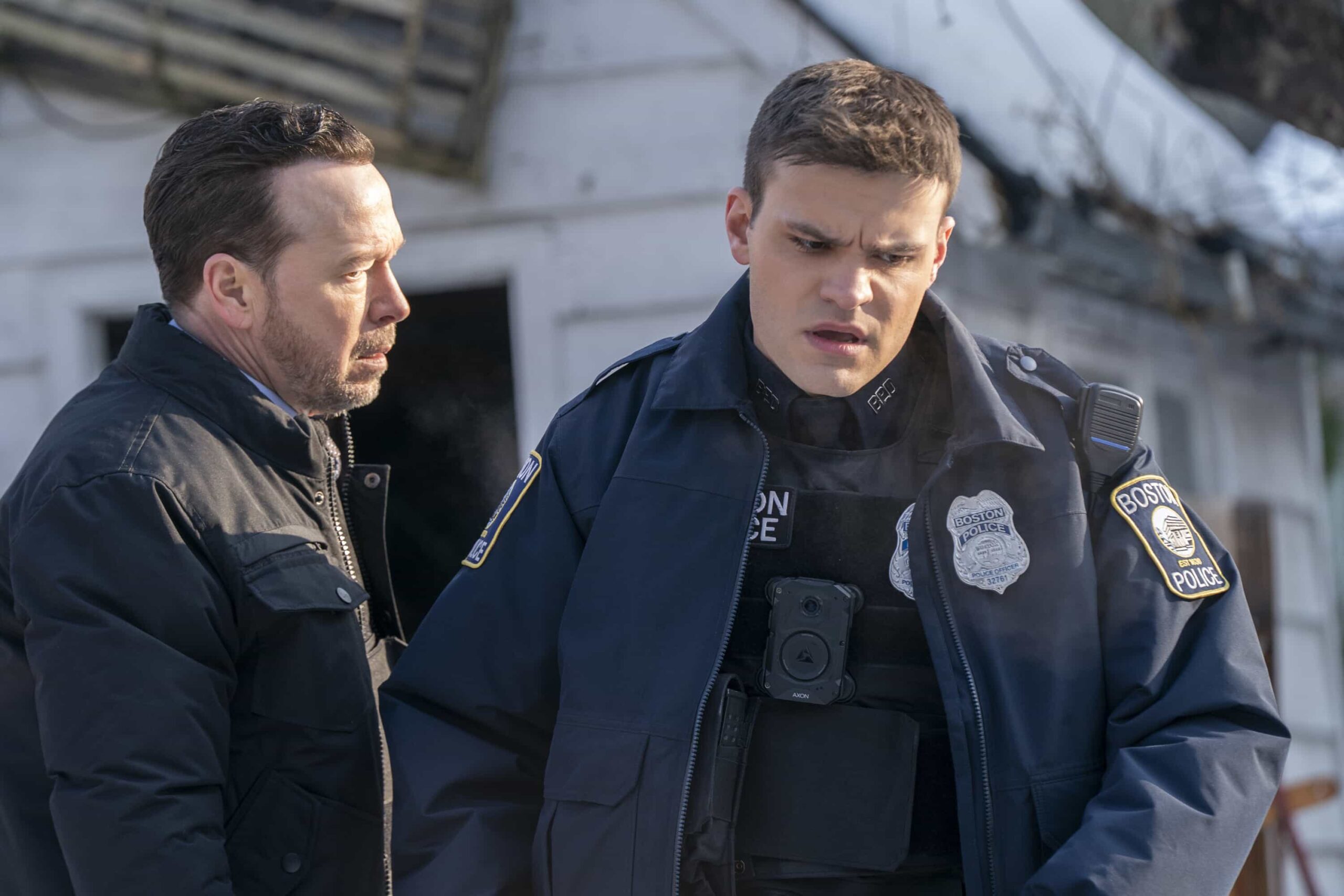 "Chasing Monsters" -- Coverage of the CBS Original Series BOSTON BLUE, scheduled to air on the CBS Television Network. Pictured L to R: Donnie Wahlberg as Danny Reagan and Mika Amonsen as Sean Reagan. Photo: Ian Watson/CBS ©2026 CBS Broadcasting, Inc. All Rights Reserved.