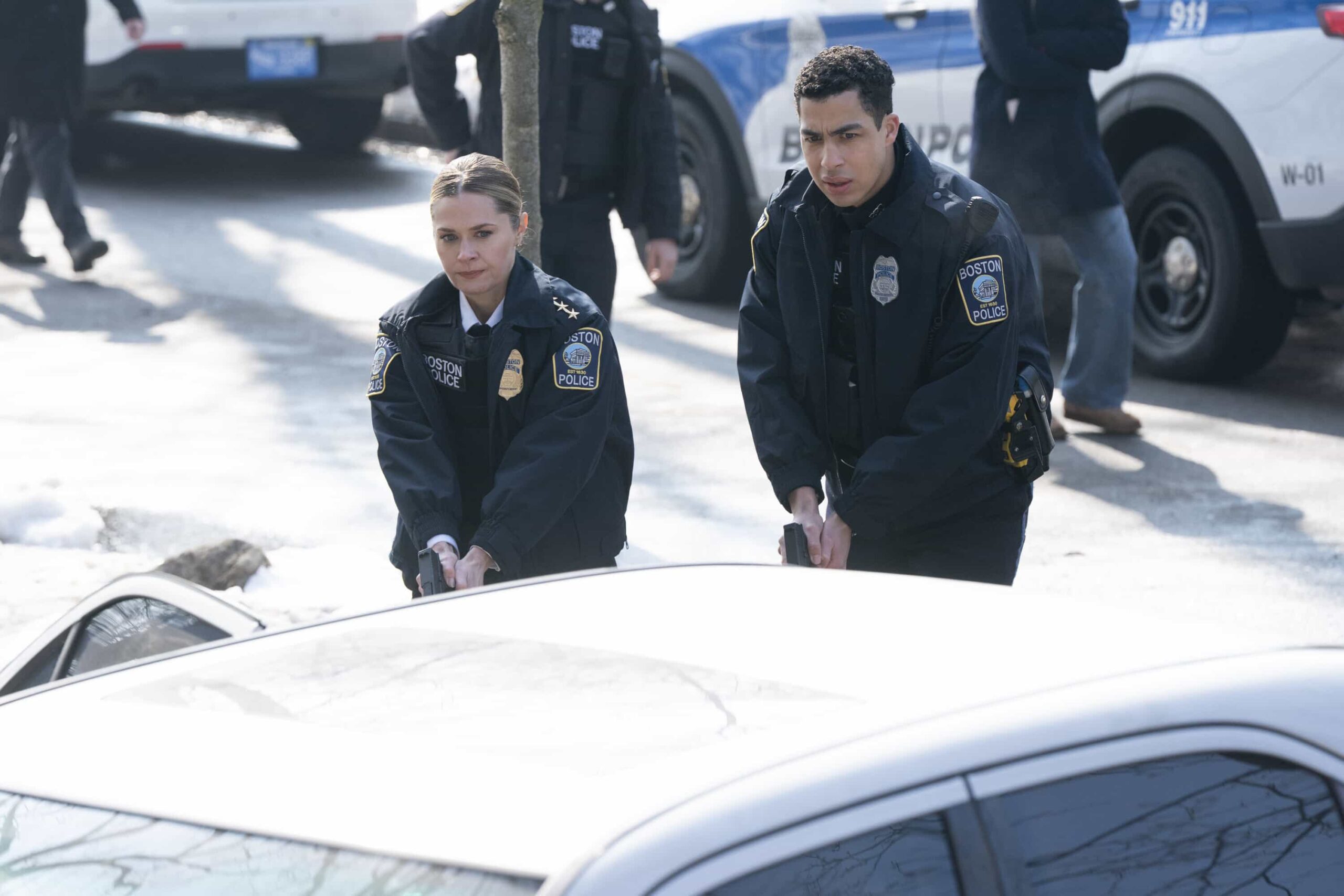 "Chasing Monsters" -- Coverage of the CBS Original Series BOSTON BLUE, scheduled to air on the CBS Television Network. Pictured L to R: Maggie Lawson as Sarah Silver and Marcus Scribner as Jonah Silver. Photo: Ian Watson/CBS ©2026 CBS Broadcasting, Inc. All Rights Reserved.