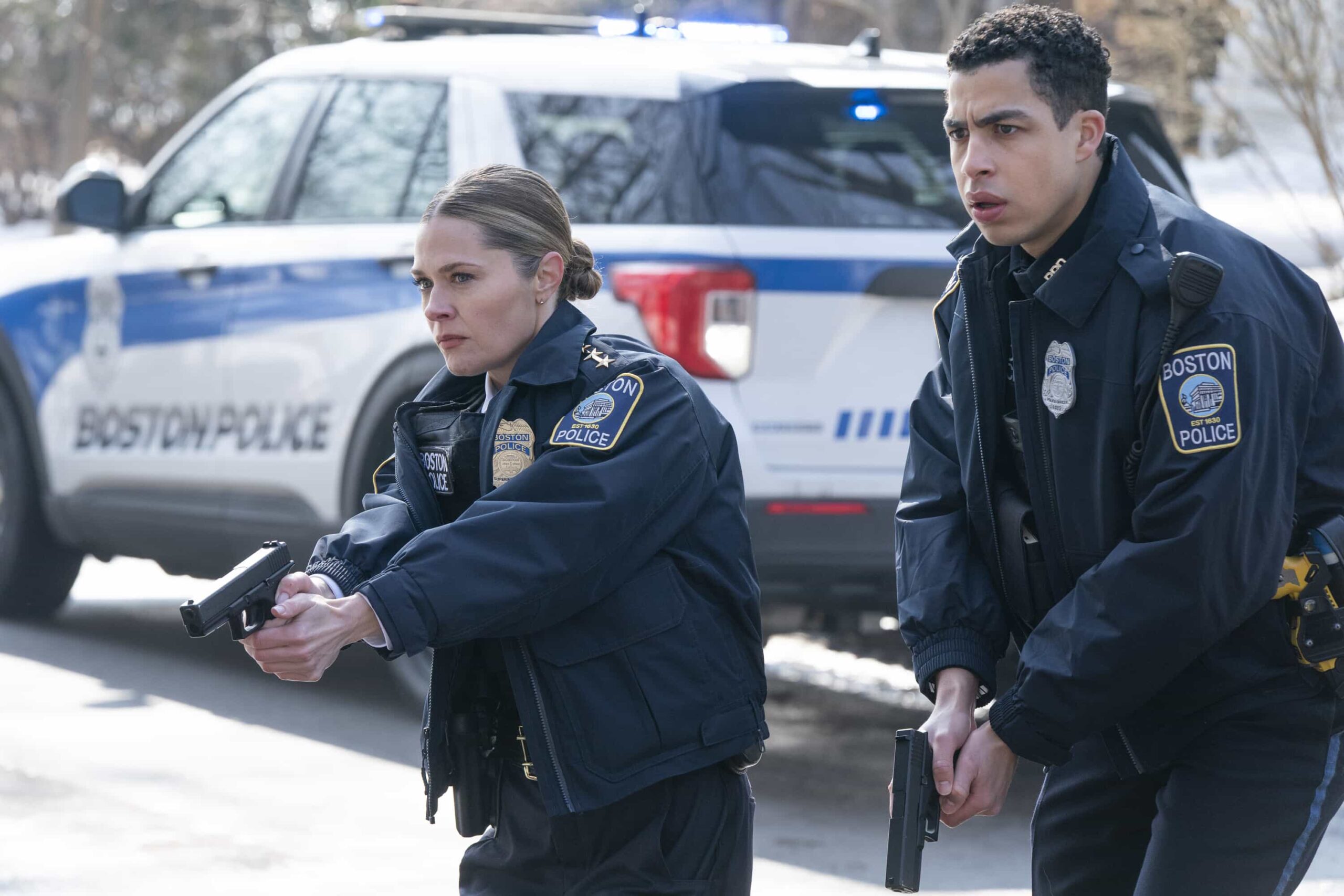 "Chasing Monsters" -- Coverage of the CBS Original Series BOSTON BLUE, scheduled to air on the CBS Television Network. Pictured L to R: Maggie Lawson as Sarah Silver and Marcus Scribner as Jonah Silver. Photo: Ian Watson/CBS ©2026 CBS Broadcasting, Inc. All Rights Reserved.