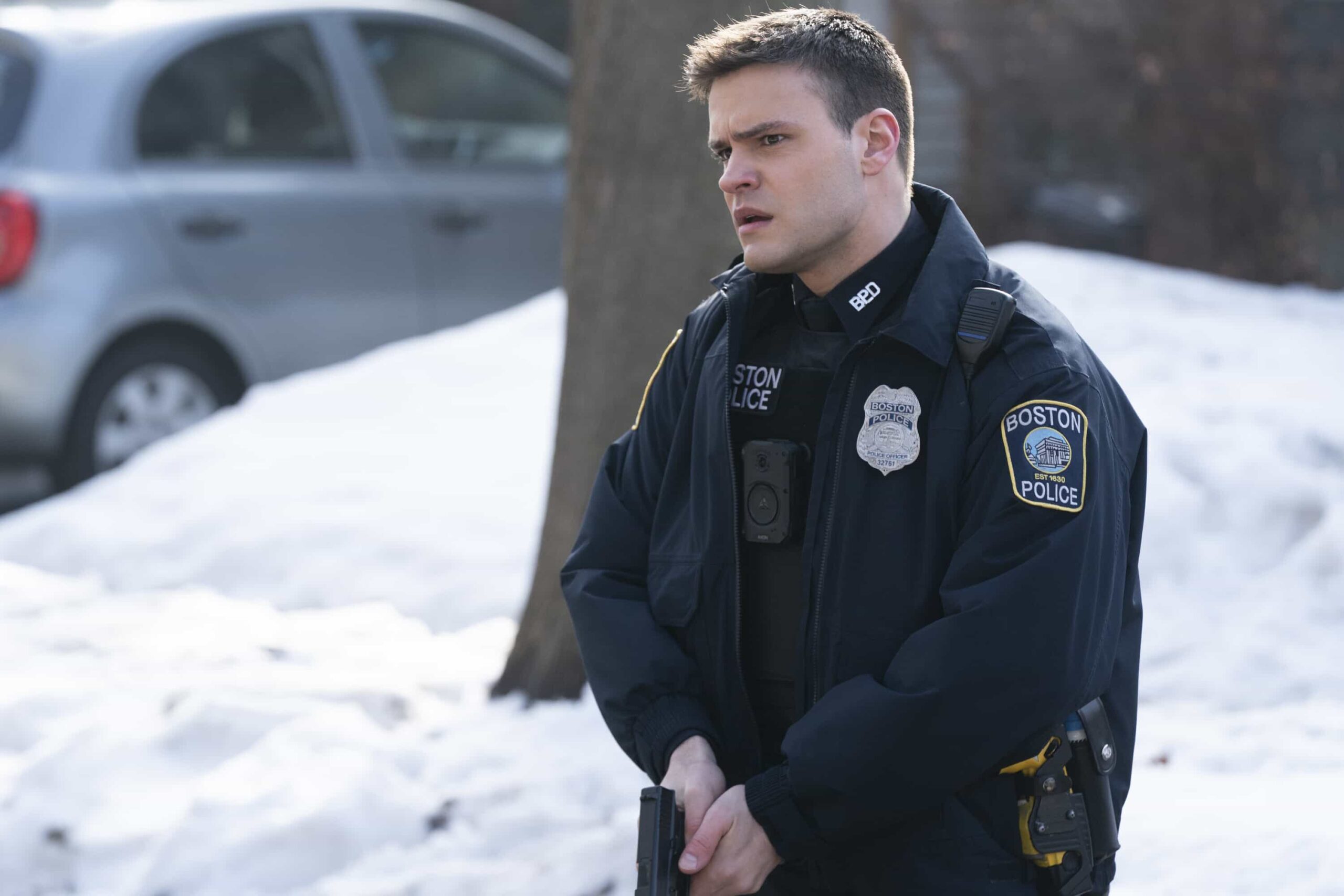Boston Blue Season 1 Episode 19 "Chasing Monsters" -- Coverage of the CBS Original Series BOSTON BLUE, scheduled to air on the CBS Television Network. Pictured: Mika Amonsen as Sean Reagan. Photo: Ian Watson/CBS ©2026 CBS Broadcasting, Inc. All Rights Reserved.