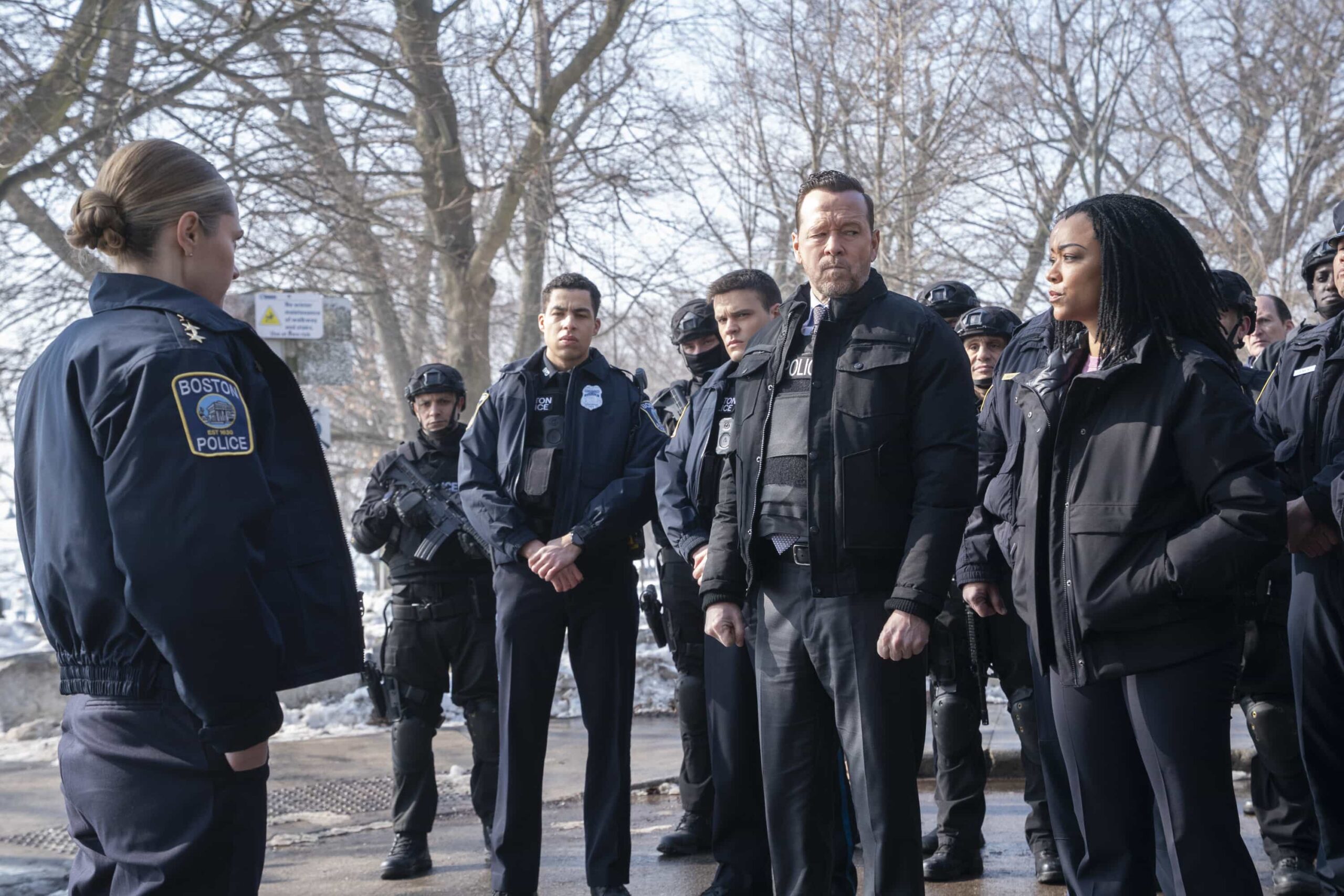 Boston Blue Season 1 Episode 19 "Chasing Monsters" -- Coverage of the CBS Original Series BOSTON BLUE, scheduled to air on the CBS Television Network. Pictured L to R: Marcus Scribner as Jonah Silver, Mika Amonsen as Sean Reagan, Donnie Wahlberg as Danny Reagan and Sonequa Martin-Green as Lena Silver. Photo: Ian Watson/CBS ©2026 CBS Broadcasting, Inc. All Rights Reserved.