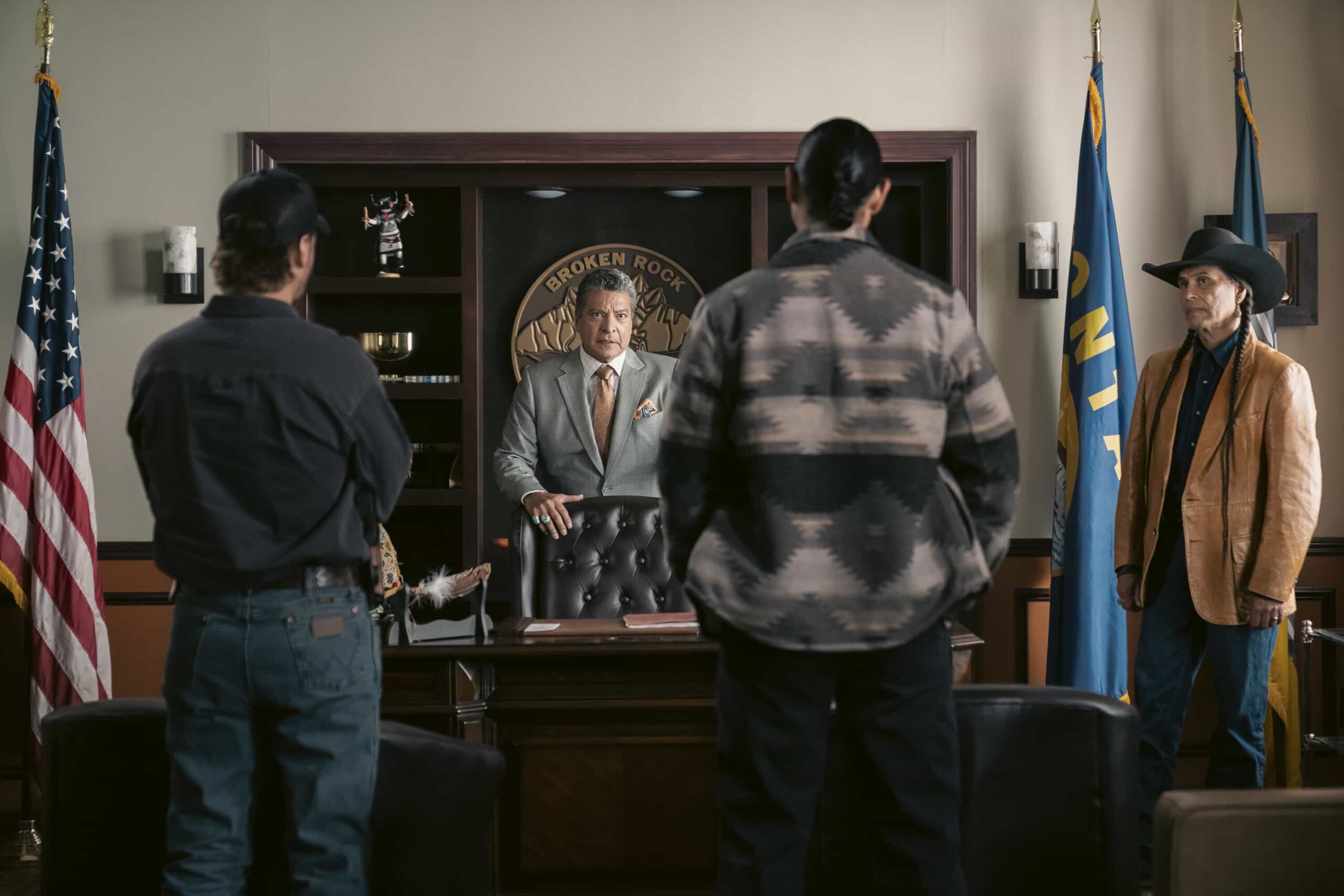 "The Devil at Home" -- CBS Original Series MARSHALS, scheduled to air on Sunday, May 17 (8:00-9:00 PM, ET/PT).  Pictured (L-R): Gil Birmingham as Thomas Rainwater and Mo Brings Plenty. Photo: Fred Hayes/CBS ©2025 CBS Broadcasting, Inc. All Rights Reserved.
